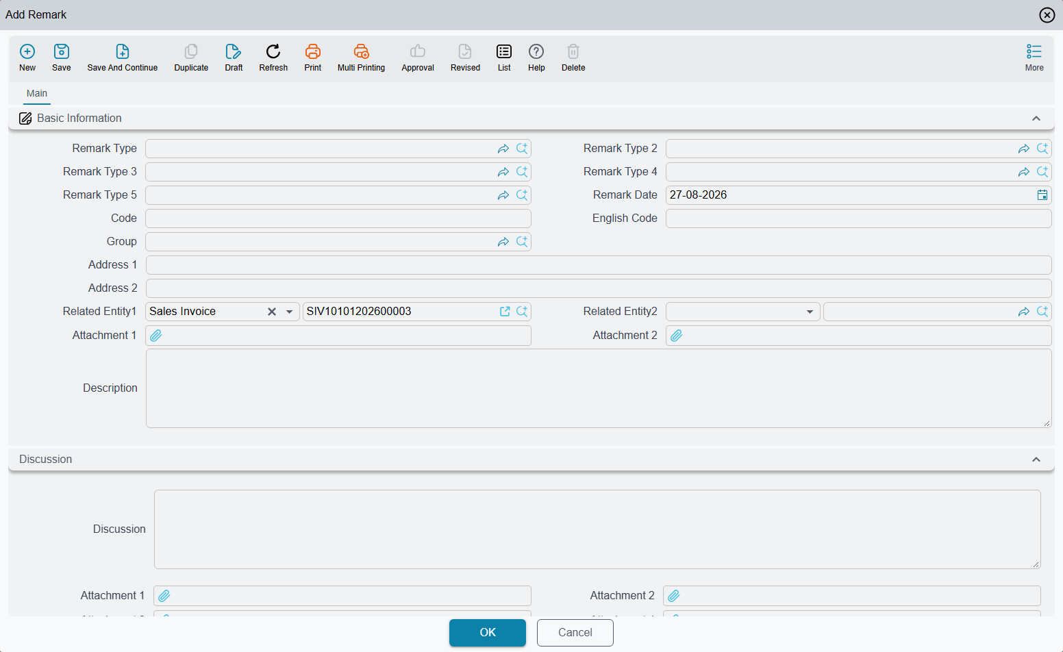 Creating a remark from a sales invoice