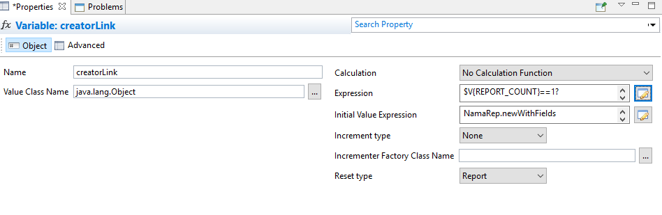 The creator link in Jasper Studio: a text field whose expression class is java.lang.Object and whose expression is a NamaRep creator chain