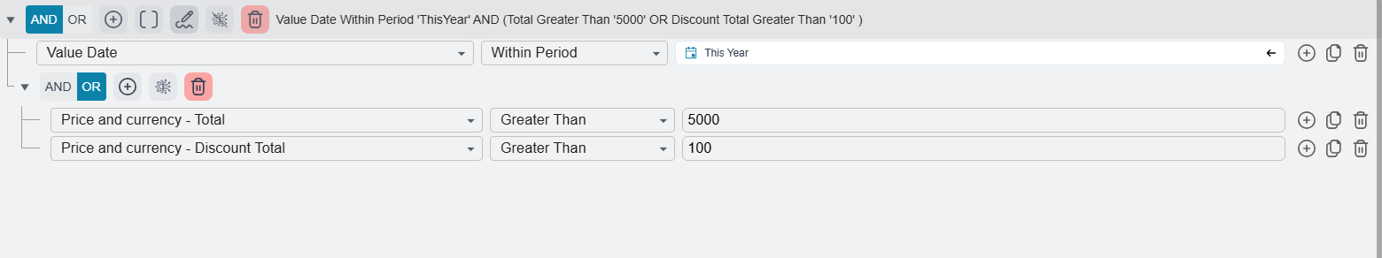 A criteria with a nested group: one condition joined at AND to a group of two alternatives joined at OR, with the description shown