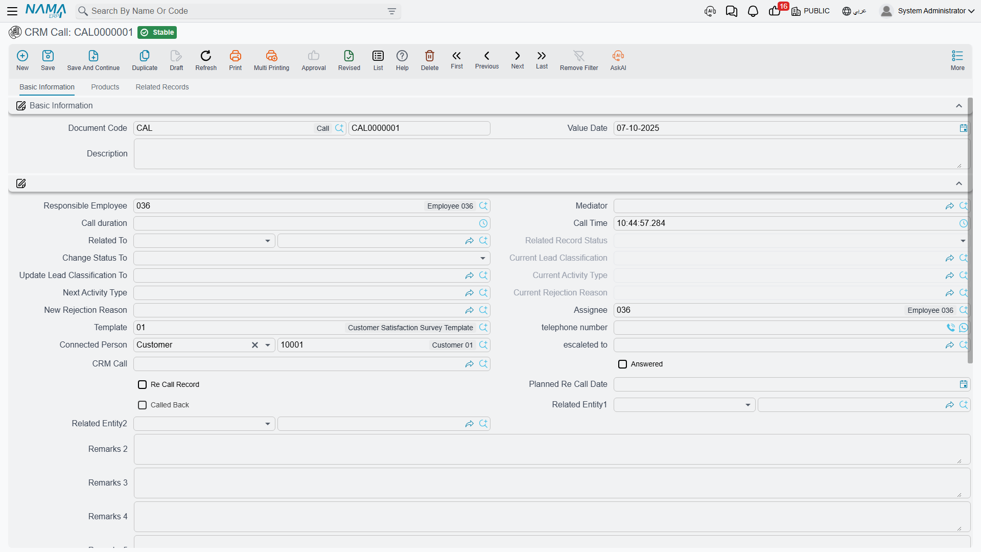 A committed CRM Call, showing the Related To field and the status, classification and activity fields it writes back