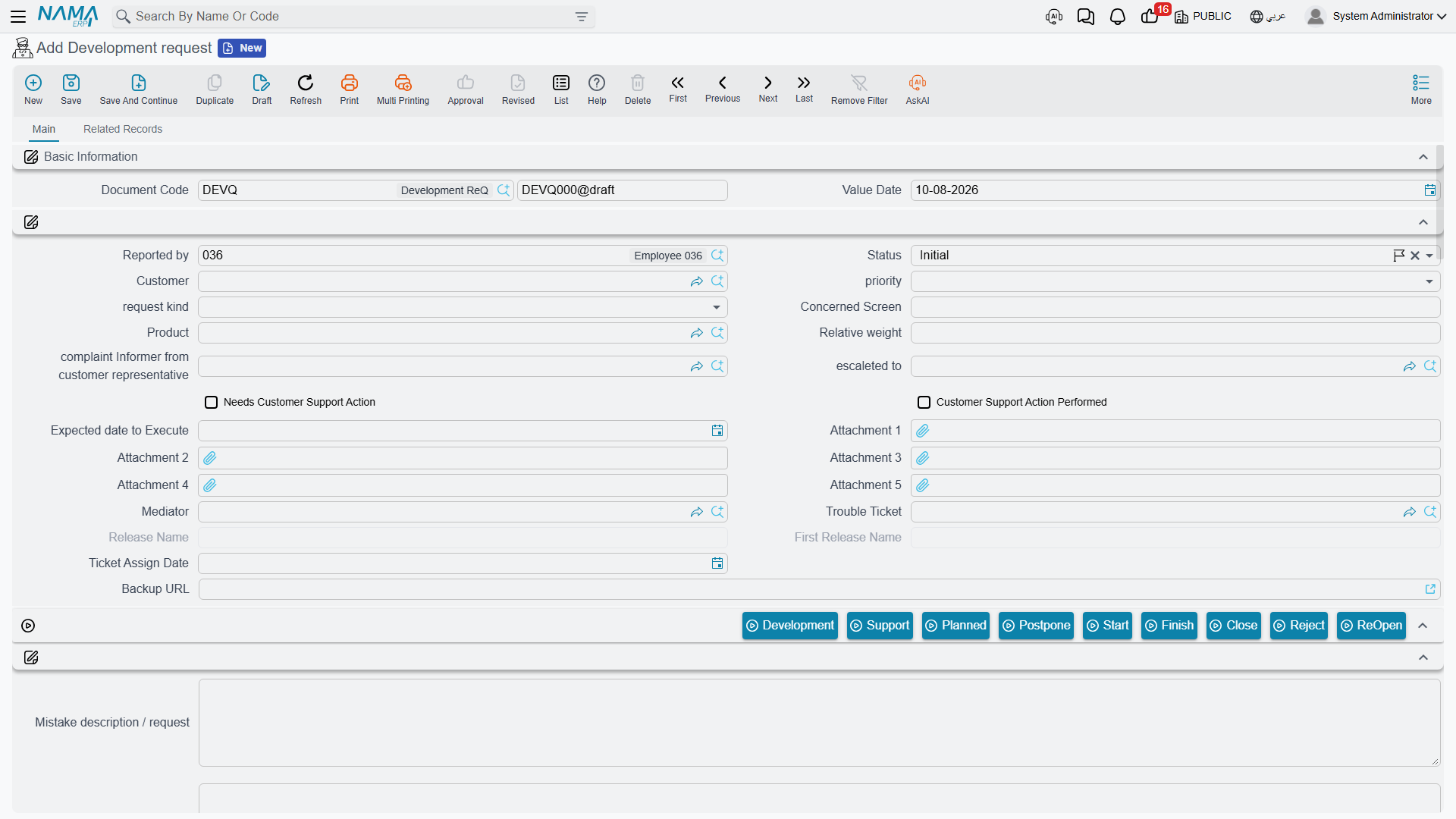 A new Development request, showing the status field and the row of status buttons