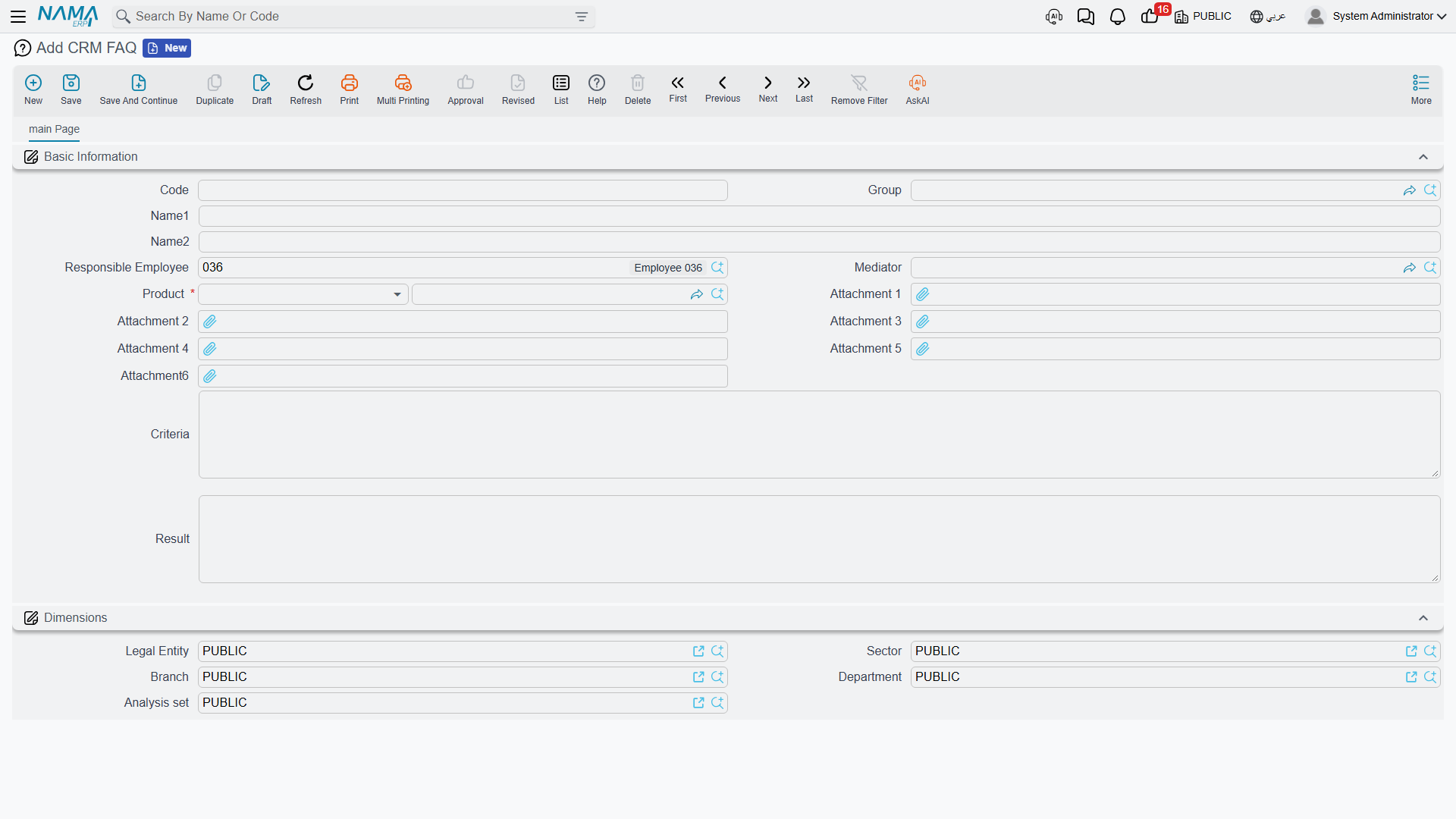 CRM FAQ screen