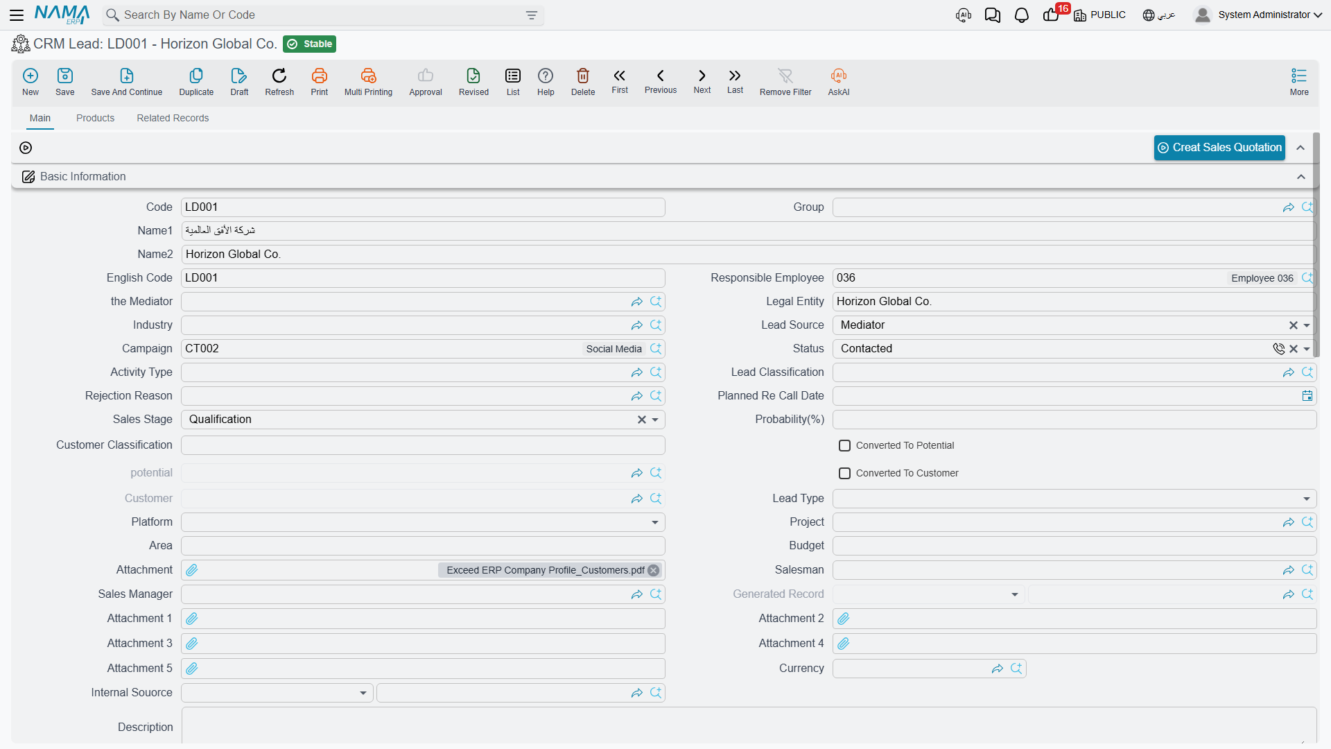 The CRM Lead screen, showing the master-file identity and the Basic Information header fields