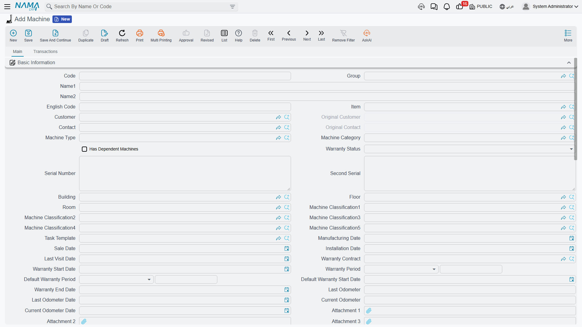 The Machine screen, Main tab