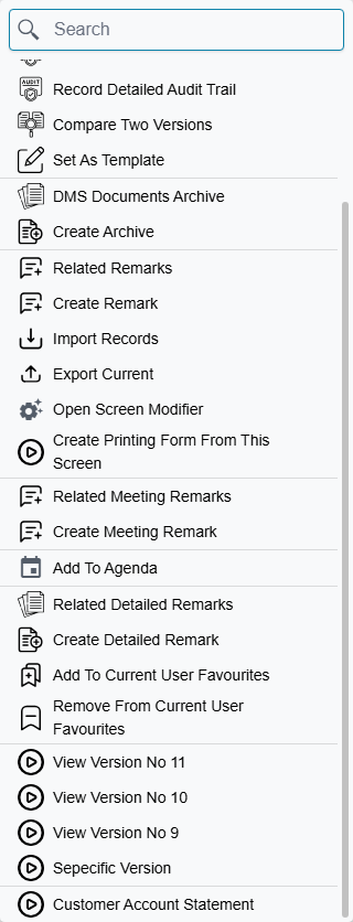 The More menu of the Customer screen, with the custom entry Customer Account Statement at the end of the list
