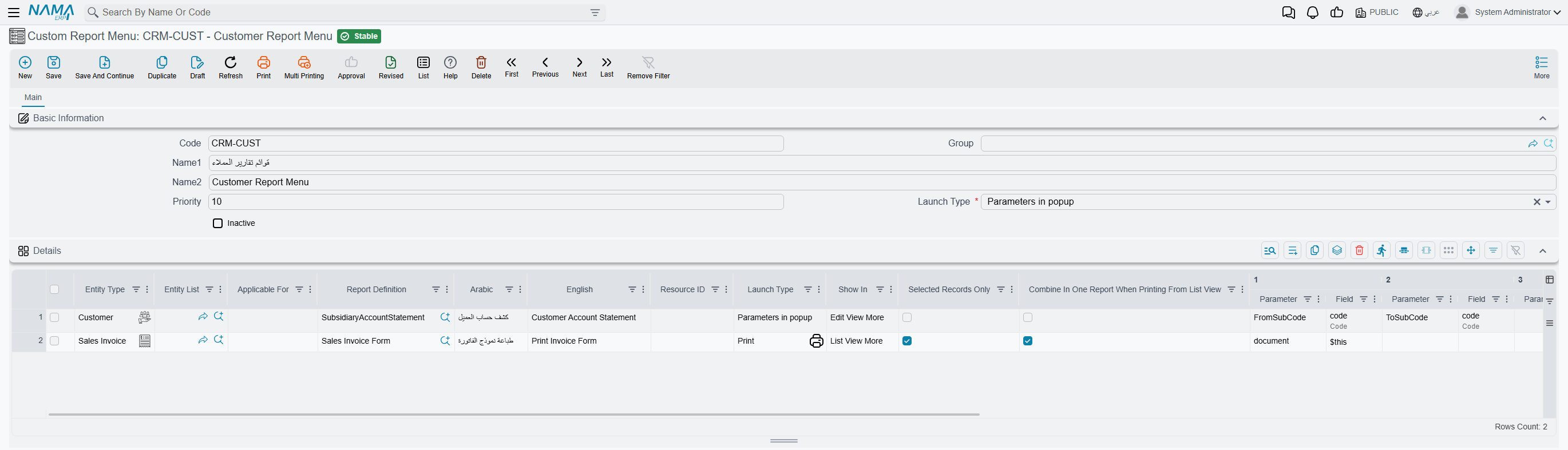 A Custom Report Menu record: the header with its Priority and Launch Type, and two lines - one for the Customer edit screen and one for the Sales Invoice list - each mapping report parameter names to fields of the record