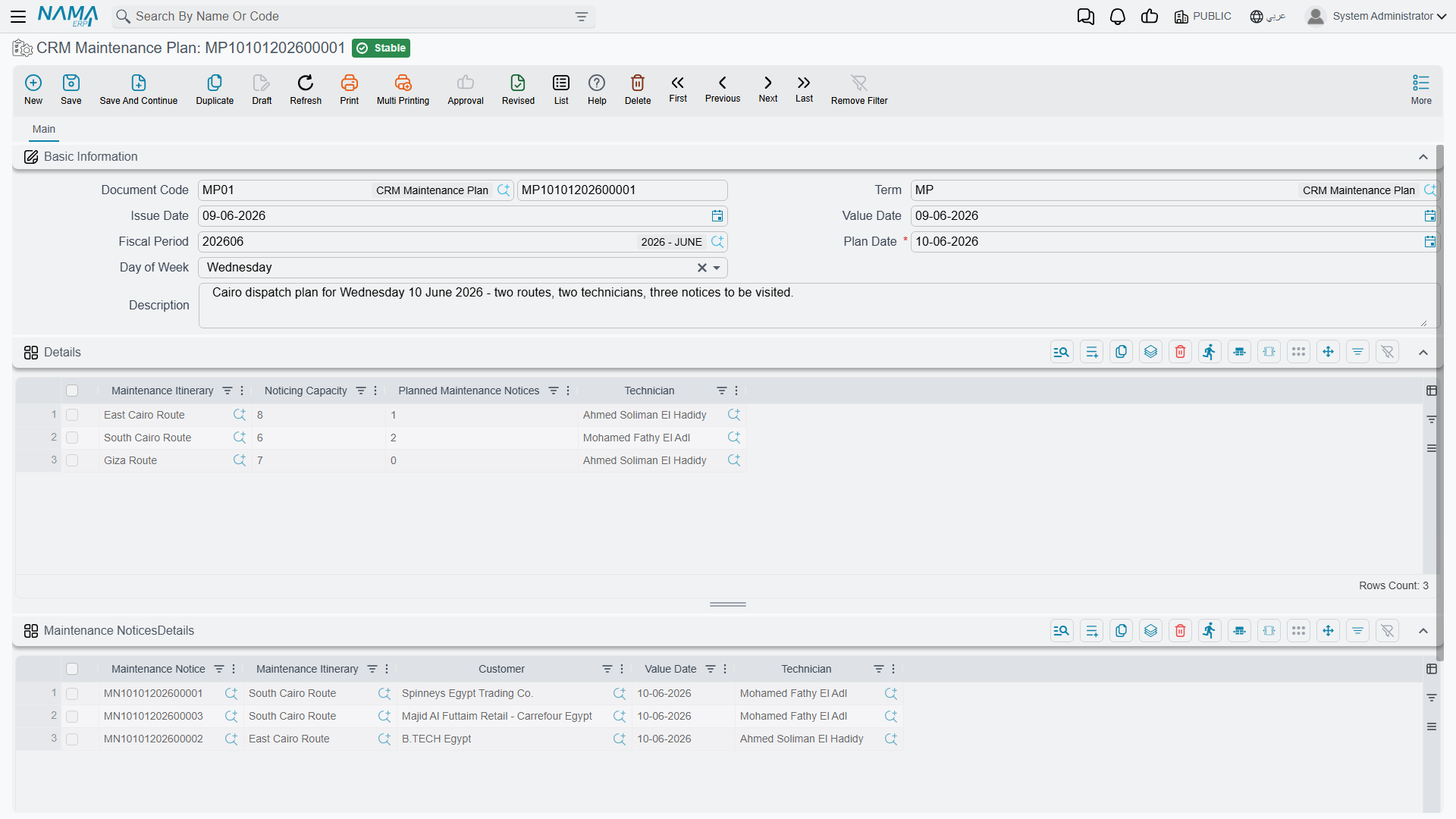 The CRM Maintenance Plan screen