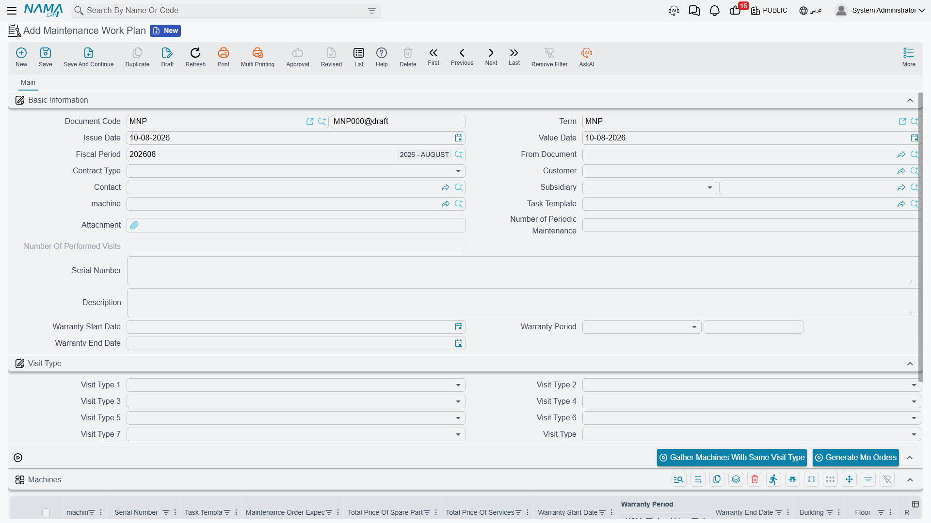 The Maintenance Work Plan screen