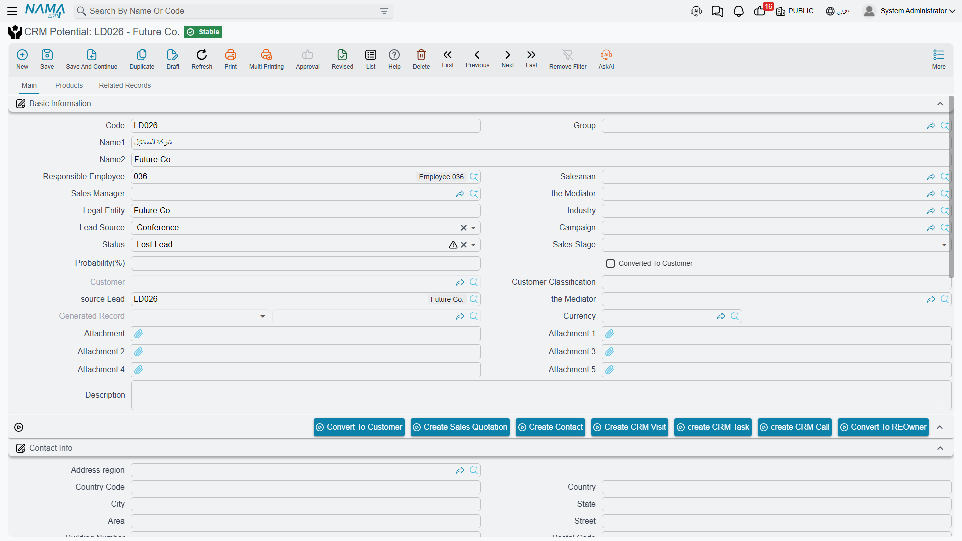 The CRM Potential screen, with the read-only Source Lead reference and the conversion buttons