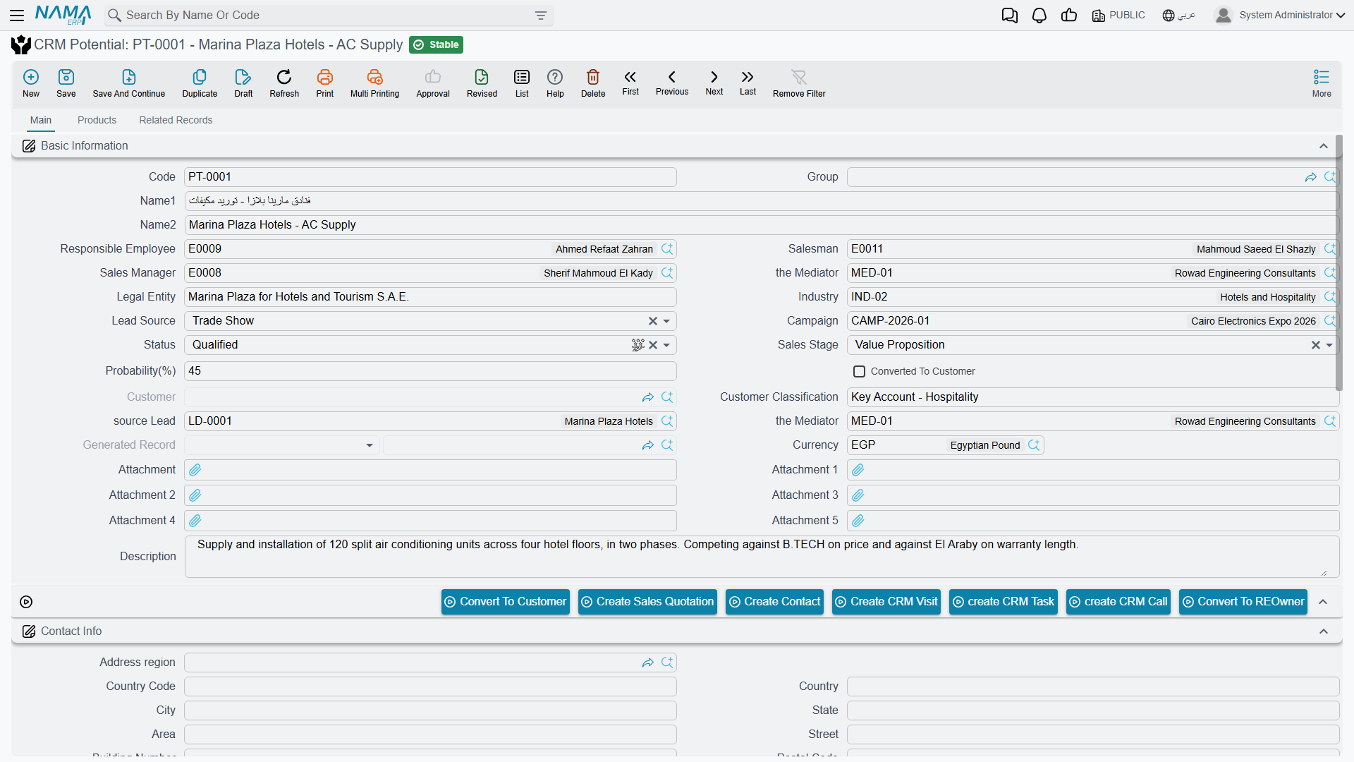 The CRM Potential screen, with the read-only Source Lead reference and the conversion buttons