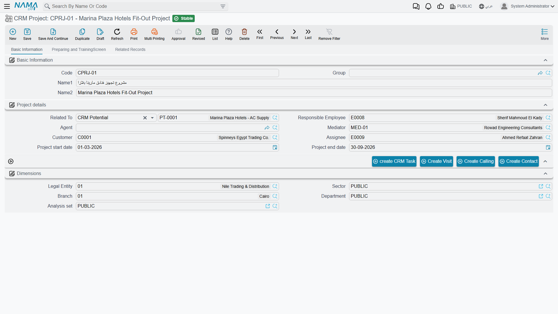 A new CRM Project, showing the Project details group and the dimensions block