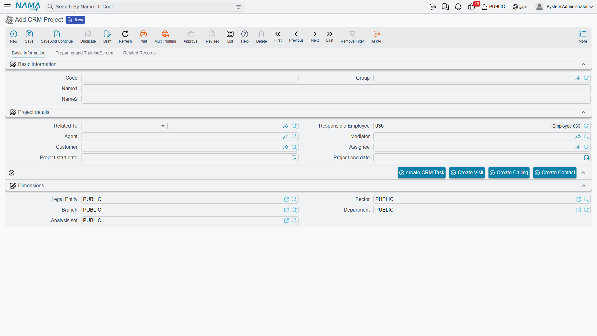 A new CRM Project, showing the Project details group and the dimensions block