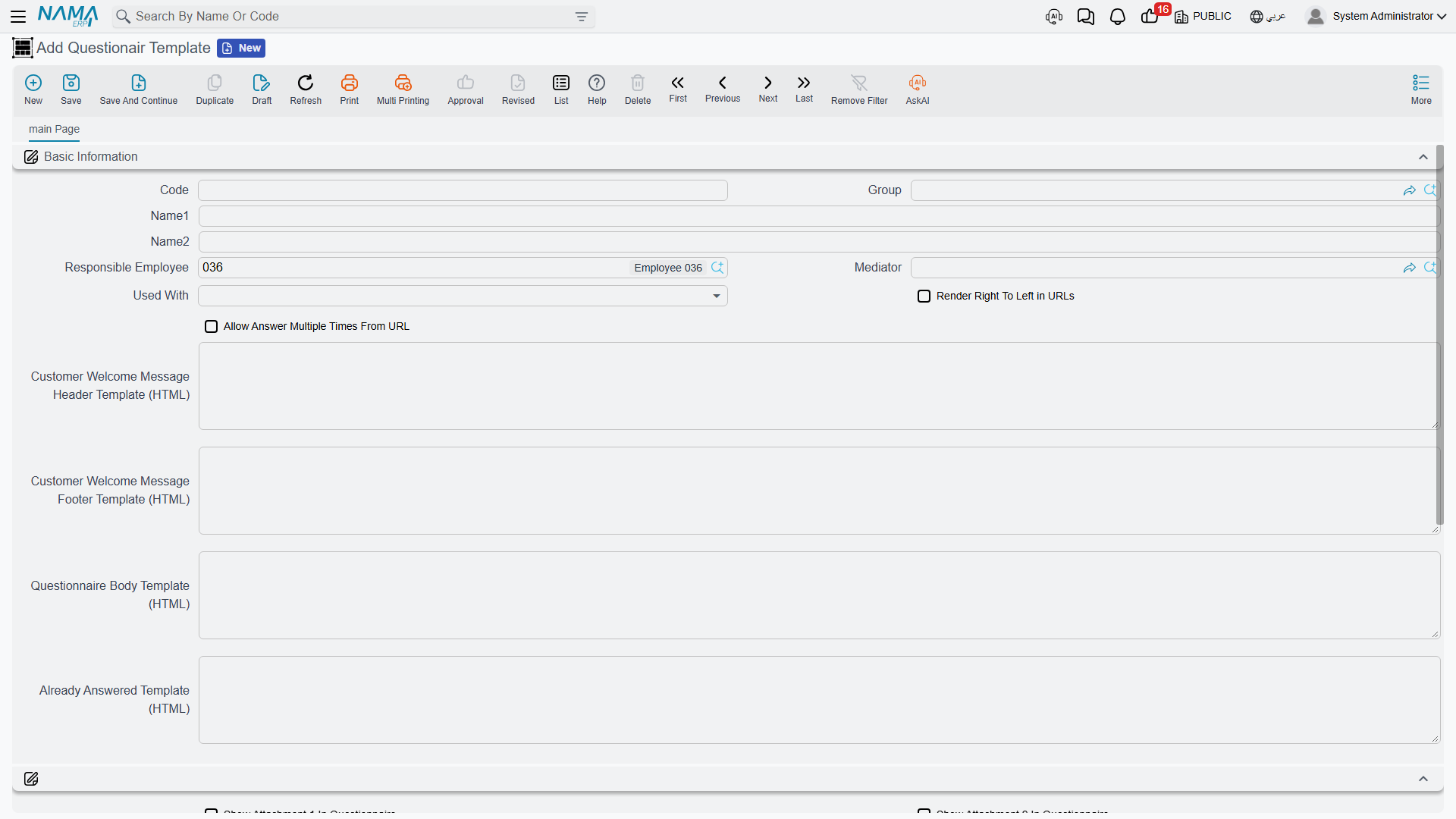 Questionair Template screen