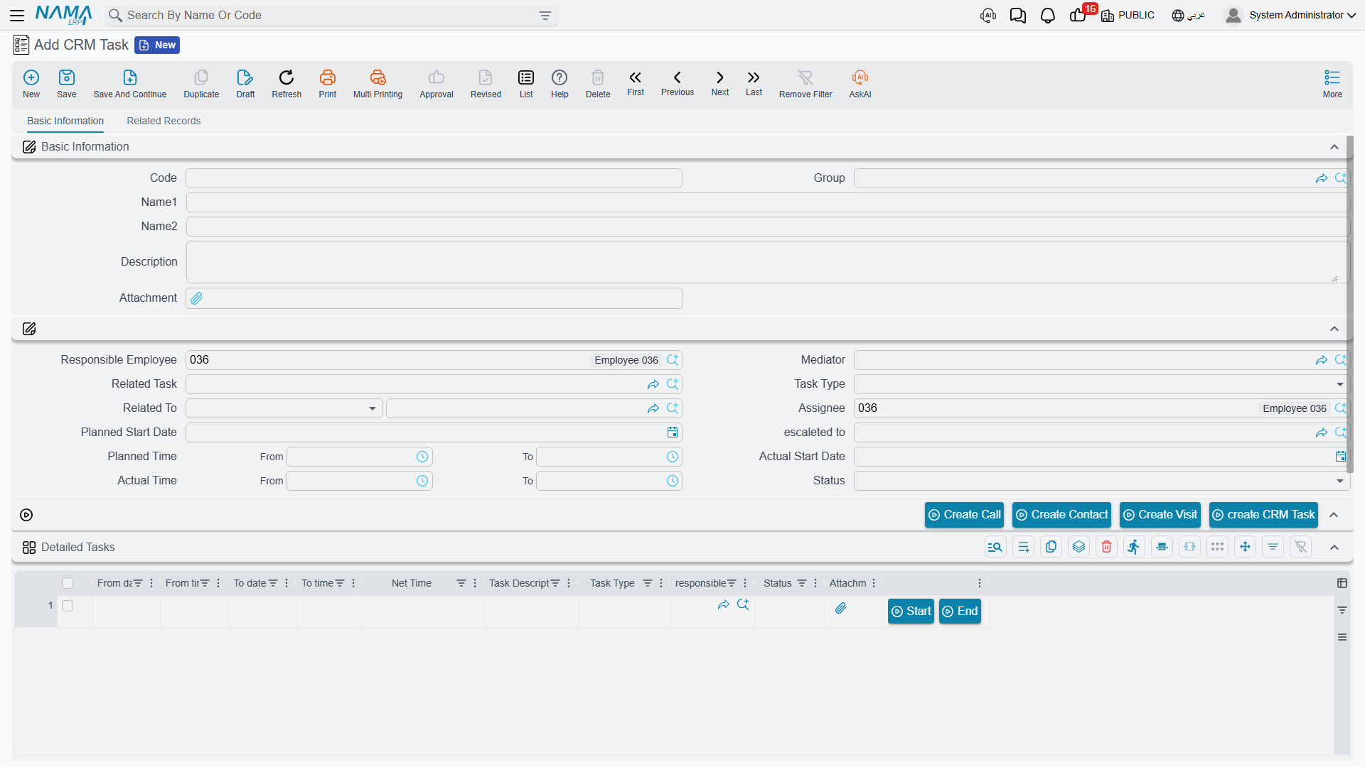 A new CRM Task, showing the master-file identity block, the work block and the Detailed Tasks grid