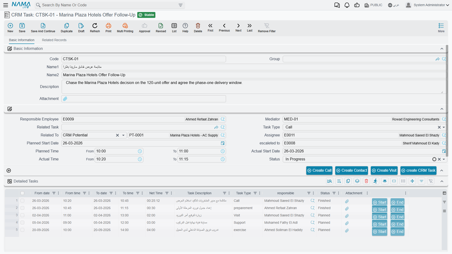 A new CRM Task, showing the master-file identity block, the work block and the Detailed Tasks grid