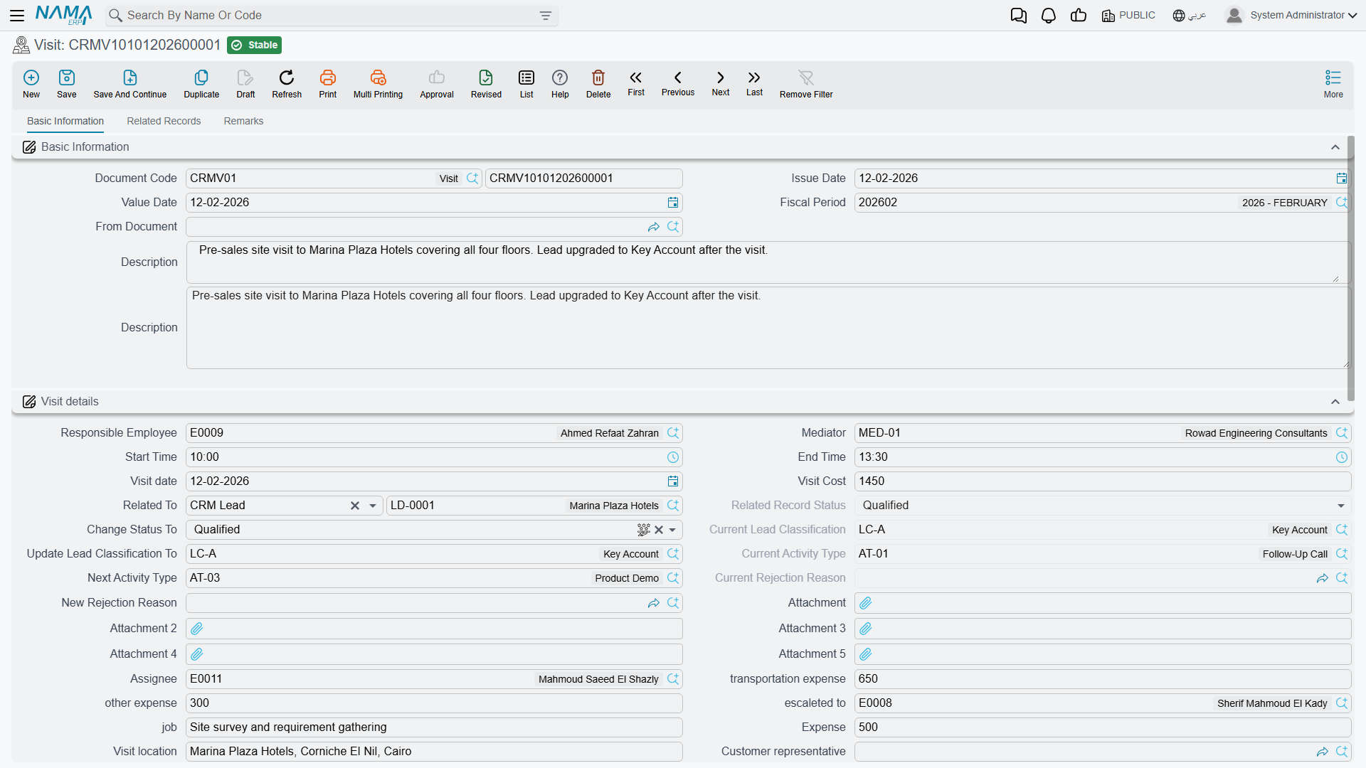 A committed Visit, showing the document header, the Visit details block and the Related To reference