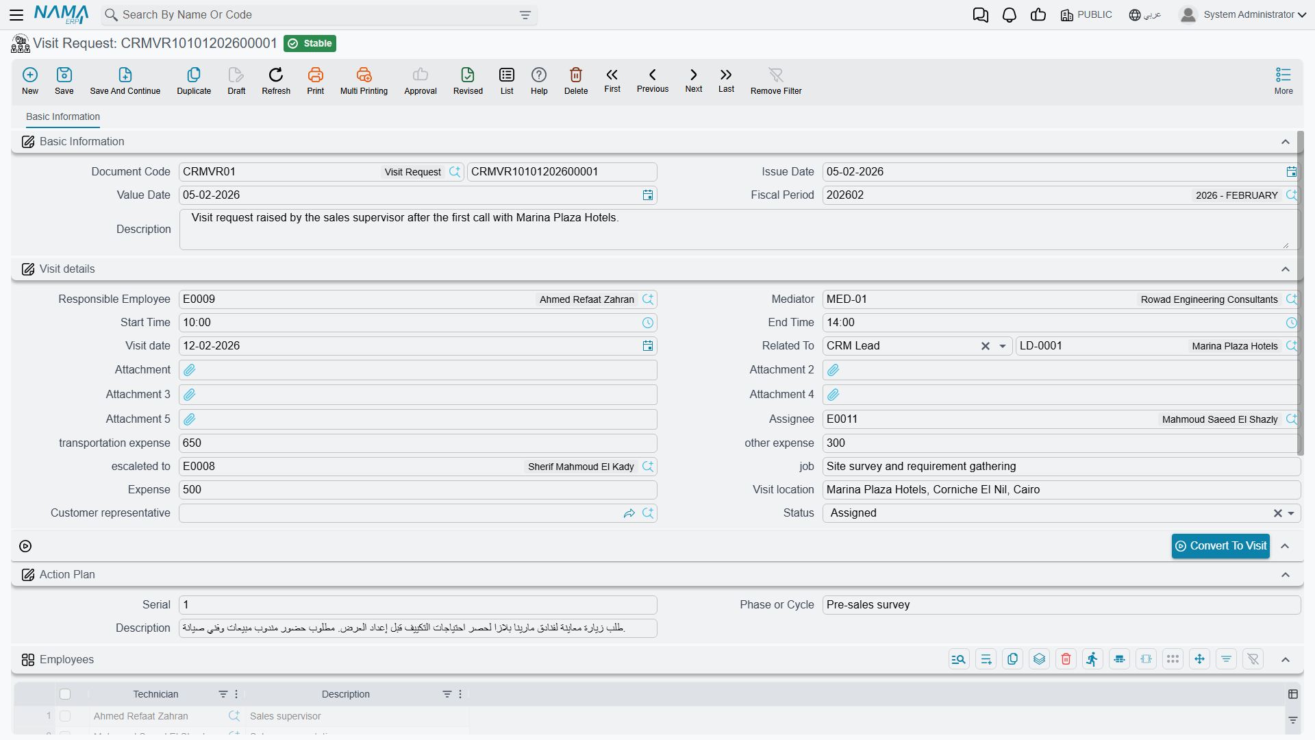 A new Visit Request, showing the Visit details block, the Action Plan group and the Convert To Visit button