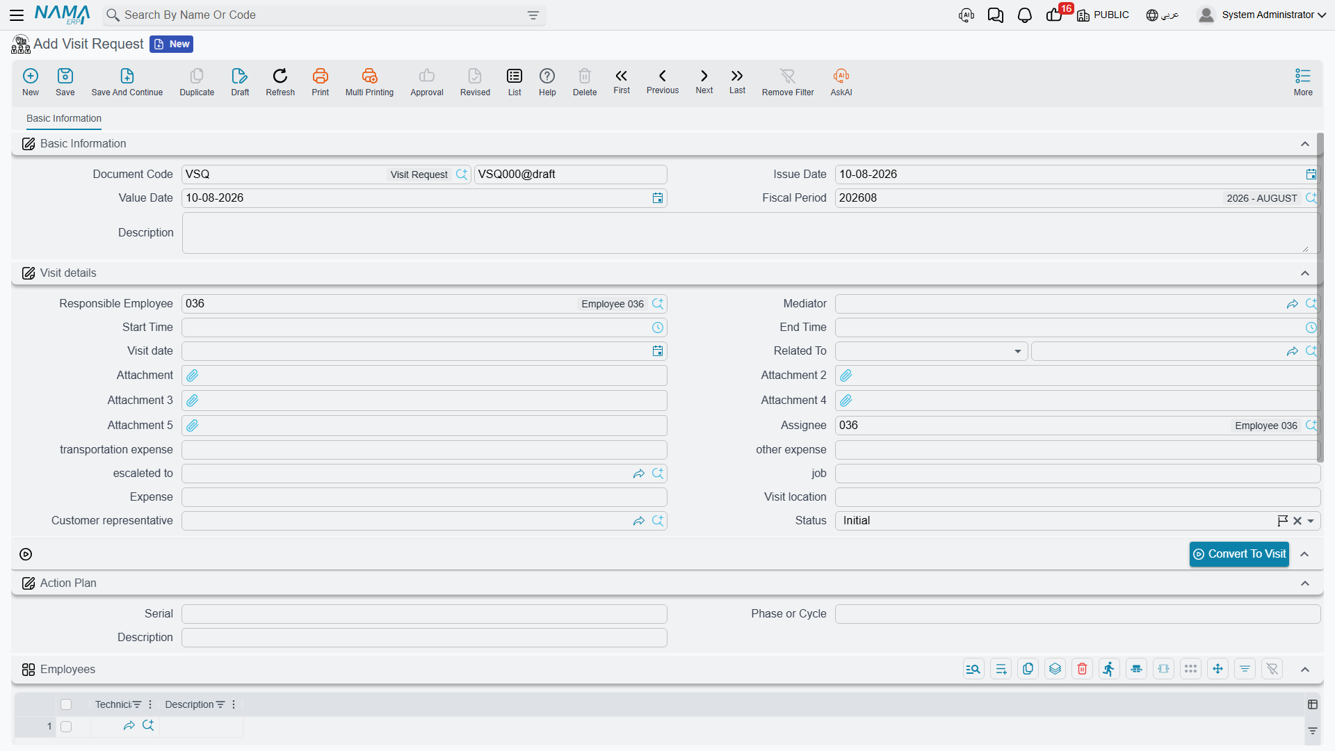 A new Visit Request, showing the Visit details block, the Action Plan group and the Convert To Visit button