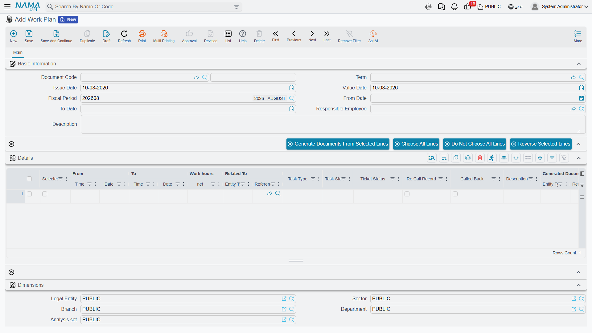A new Work Plan, showing the Details grid and the Generate Documents From Selected Lines button