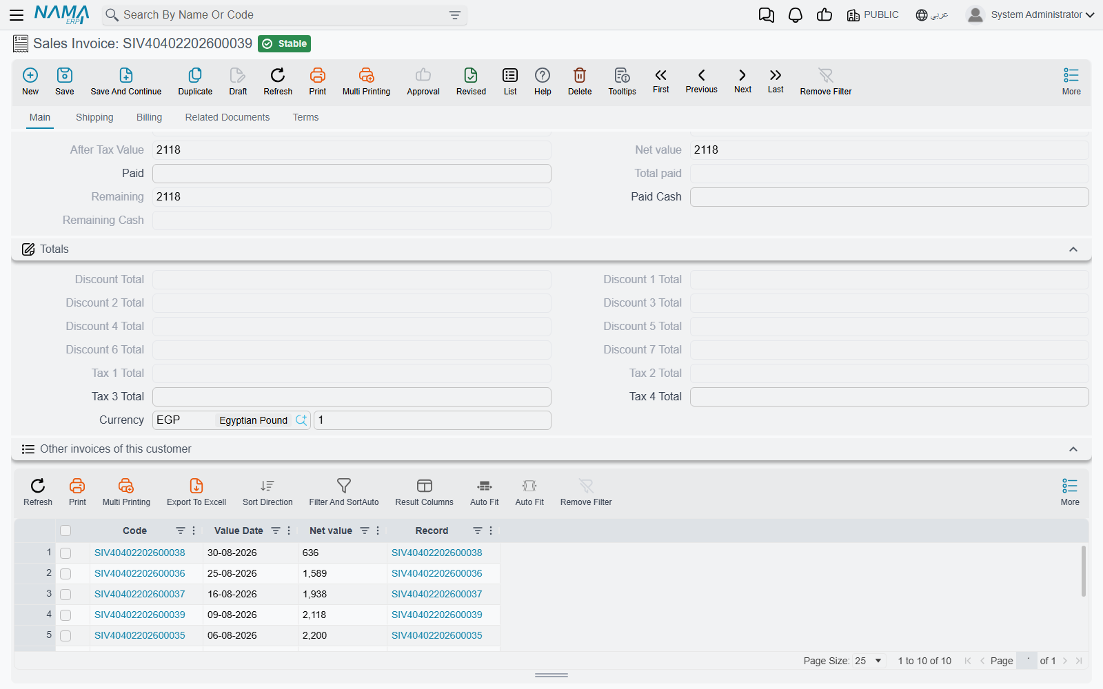 The resulting block on a sales invoice, listing the customer's other invoices