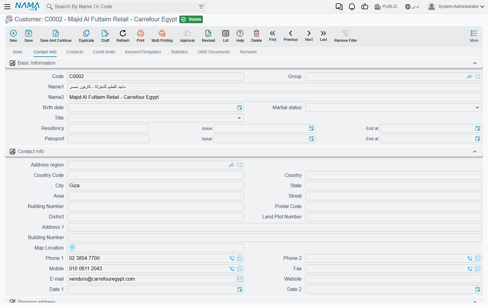 The Contact Info tab: addresses, the contacts grid, tax information and bank details