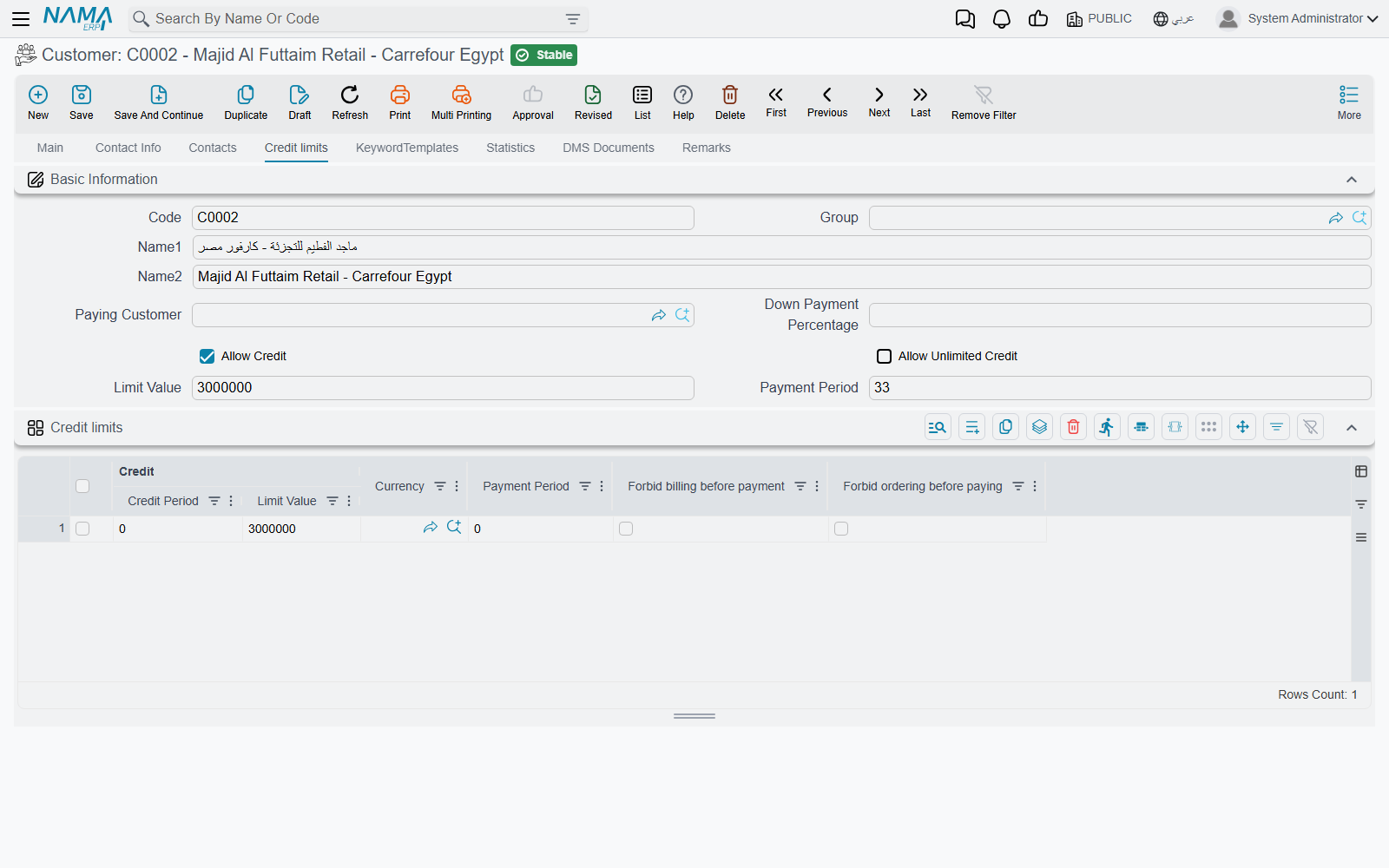 The Credit limits tab: the header ceiling and the per-dimension grid