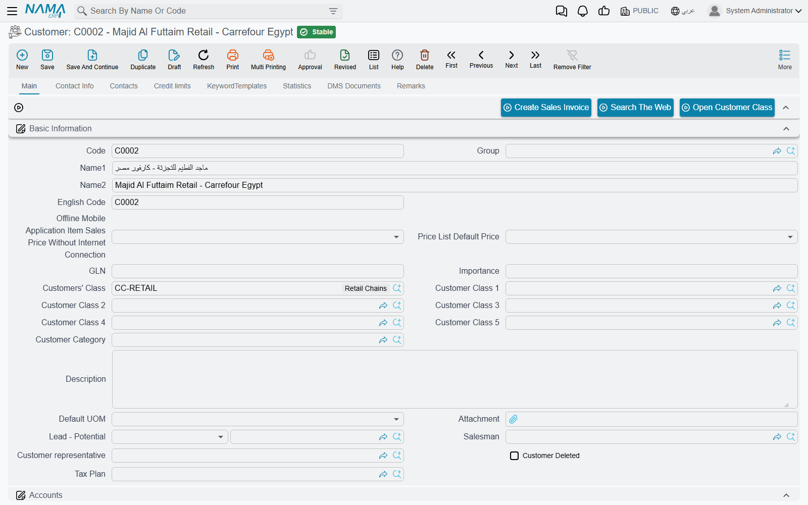 The customer file, Main tab: identity, classification, accounts and the portal group