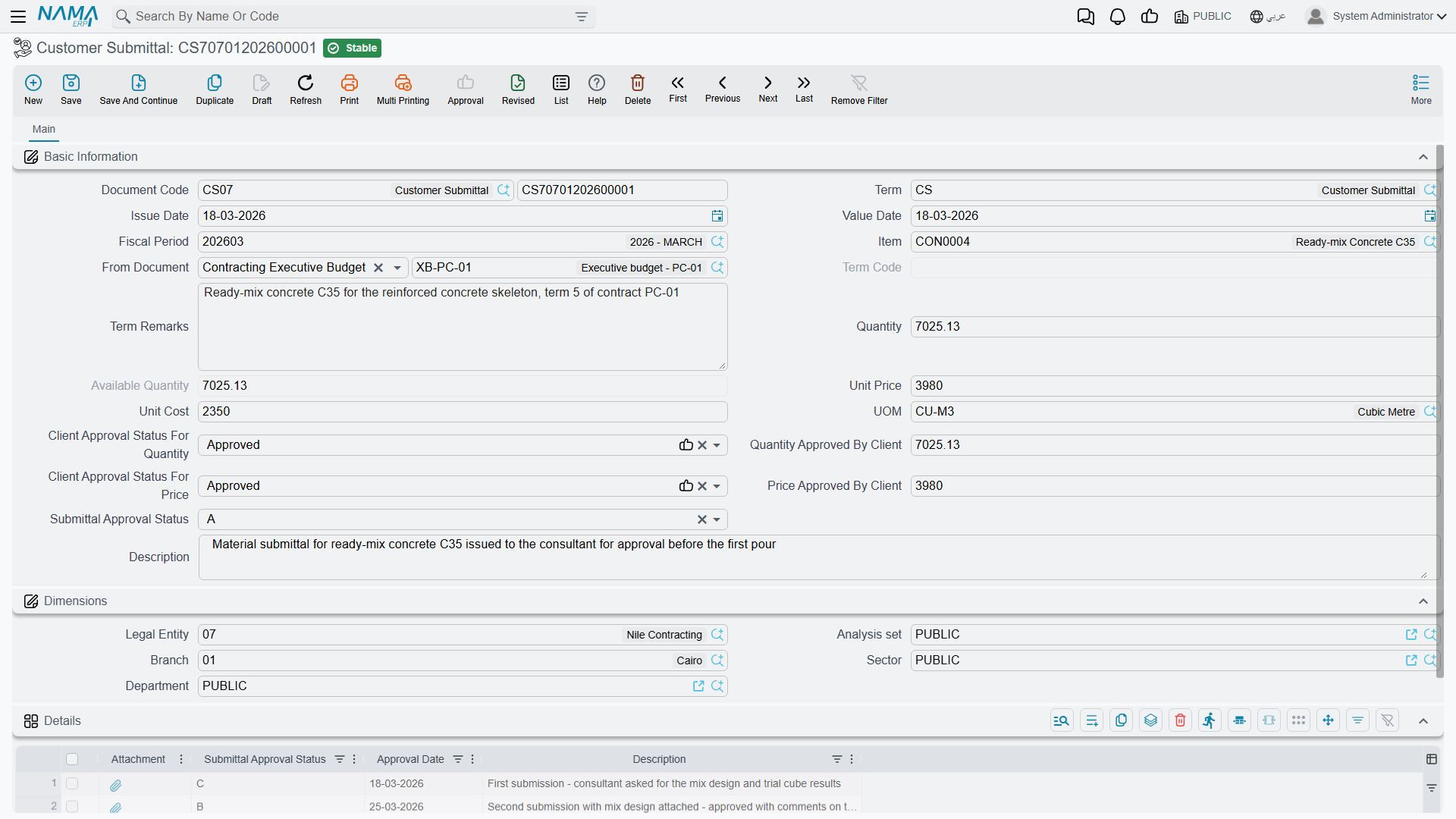 The customer submittal: the item, separate quantity and price approval, and the round-trip log