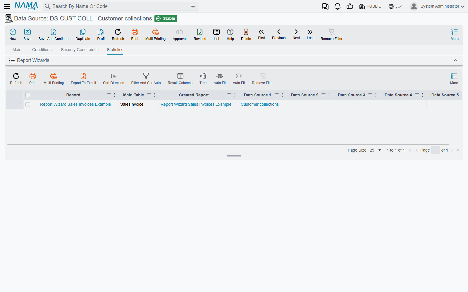 The Statistics tab listing the Report Wizard that attaches this data source