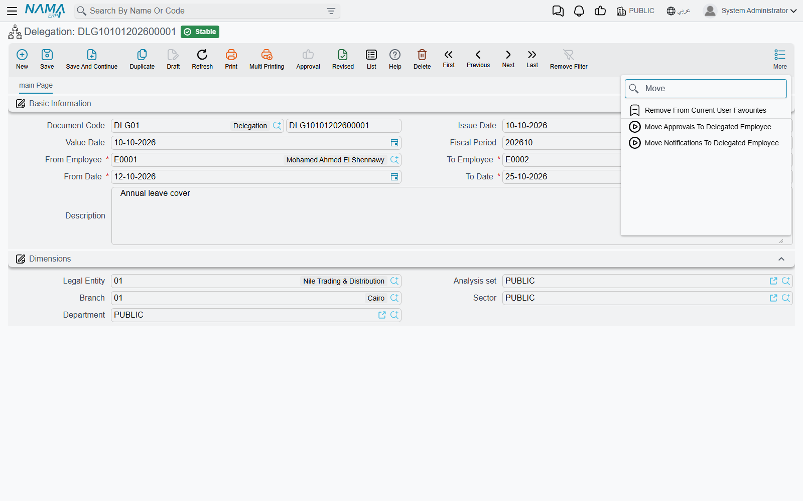 A Delegation document with the More menu showing the two Move actions