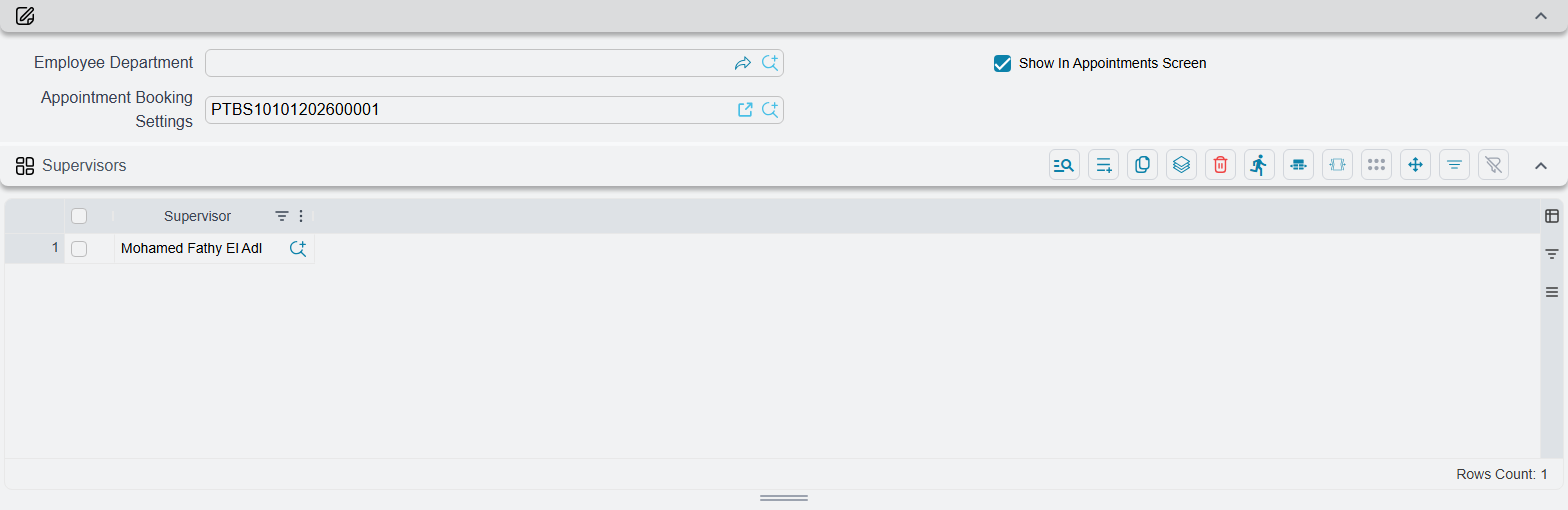 Department Section with the booking fields and the Supervisors grid