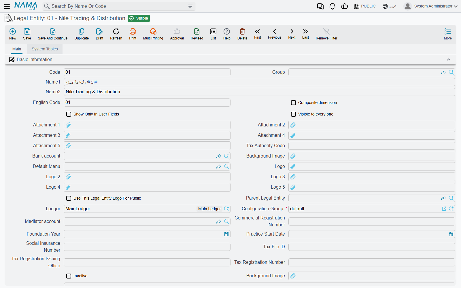 The Legal Entity screen: identity, logos, the parent company, its ledger and configuration group, and the registration and tax numbers
