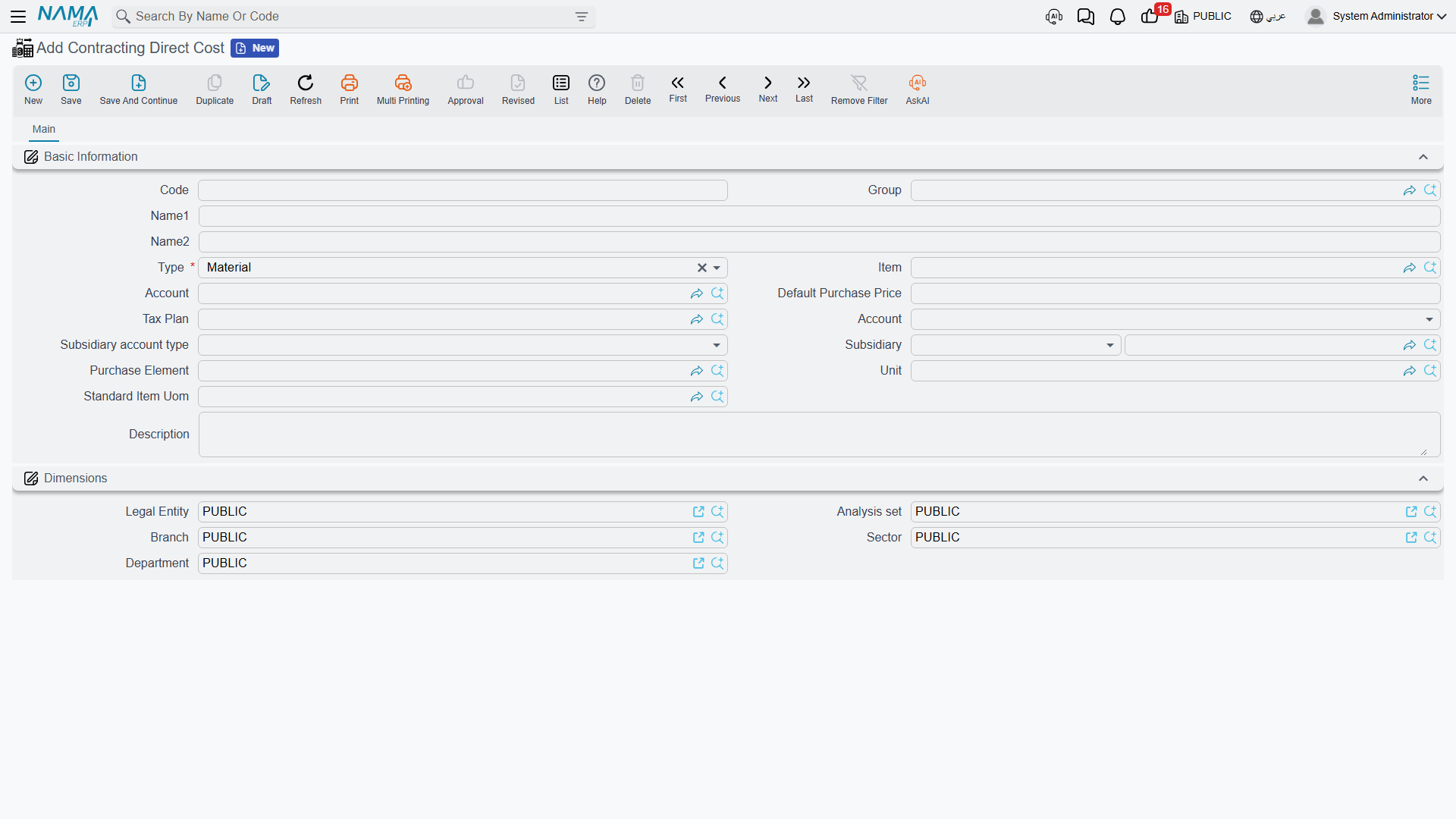 The Contracting Direct Cost master file, showing type, unit, default purchase price, account and credit side