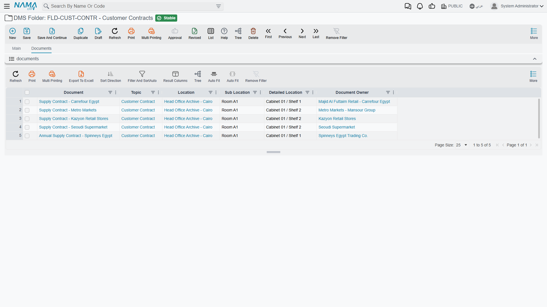 The Documents tab of a folder, listing the documents filed in it with filters for topic and location