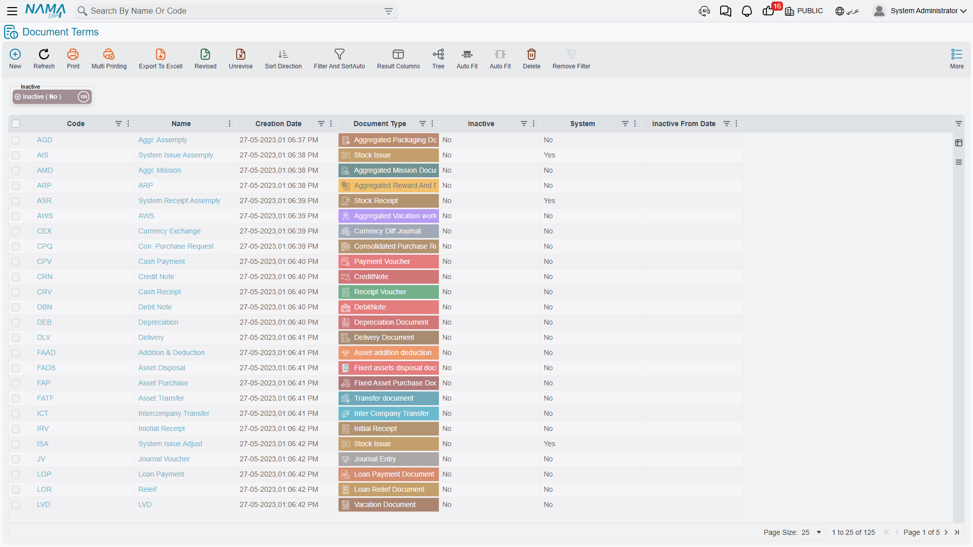 The Document Terms list, filtered to a Fixed Assets document type