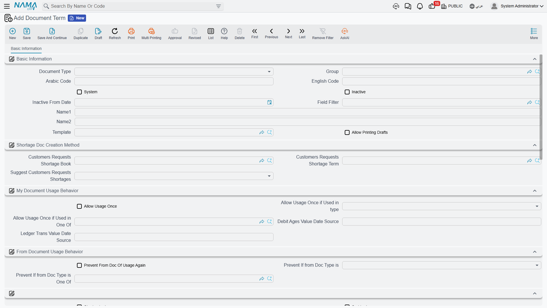 A document term screen: the target document type, the term's code and names, and the option groups that appear once the document type is a contracting one