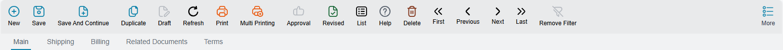 The toolbar on a sales invoice edit screen