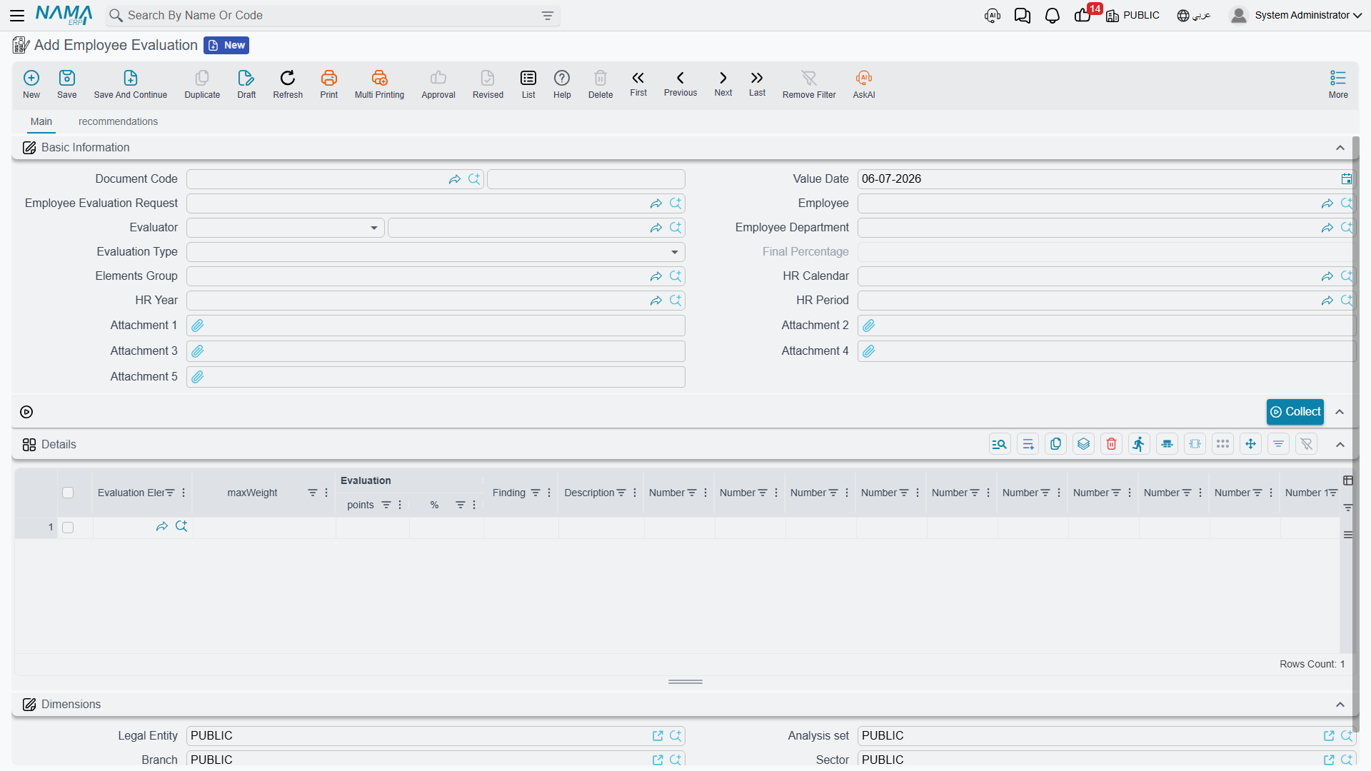 Employee Evaluation, with its Details grid and per-element scoring