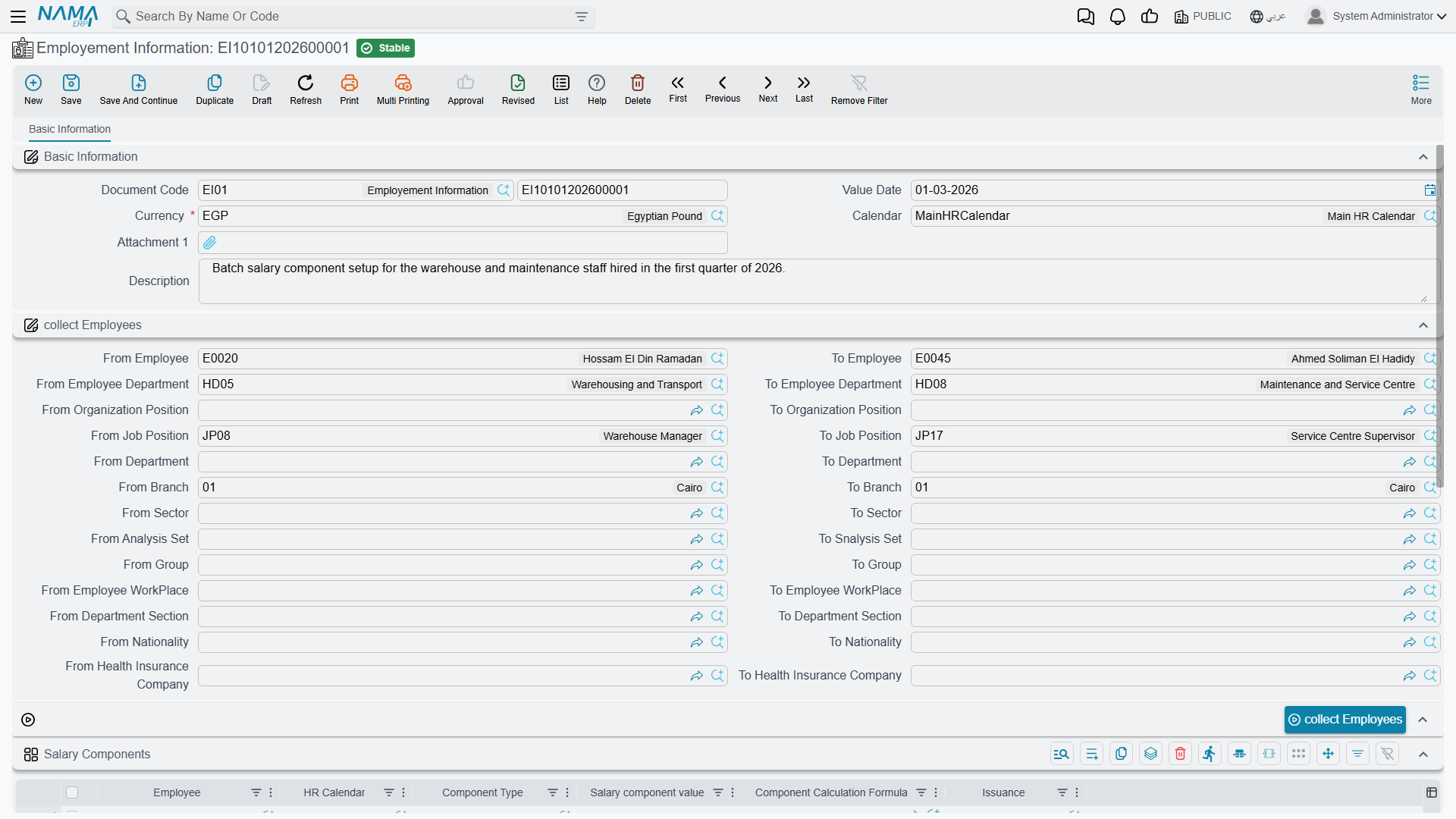 Employment Information, collecting a range of employees for batch component setup