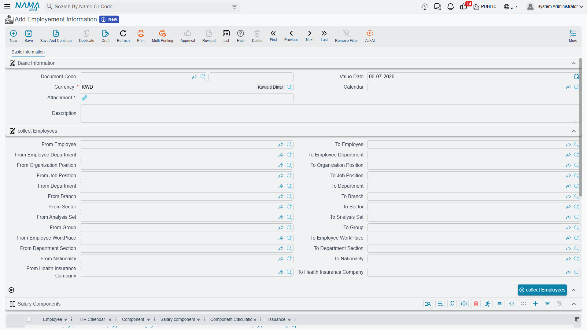 Employment Information, collecting a range of employees for batch component setup
