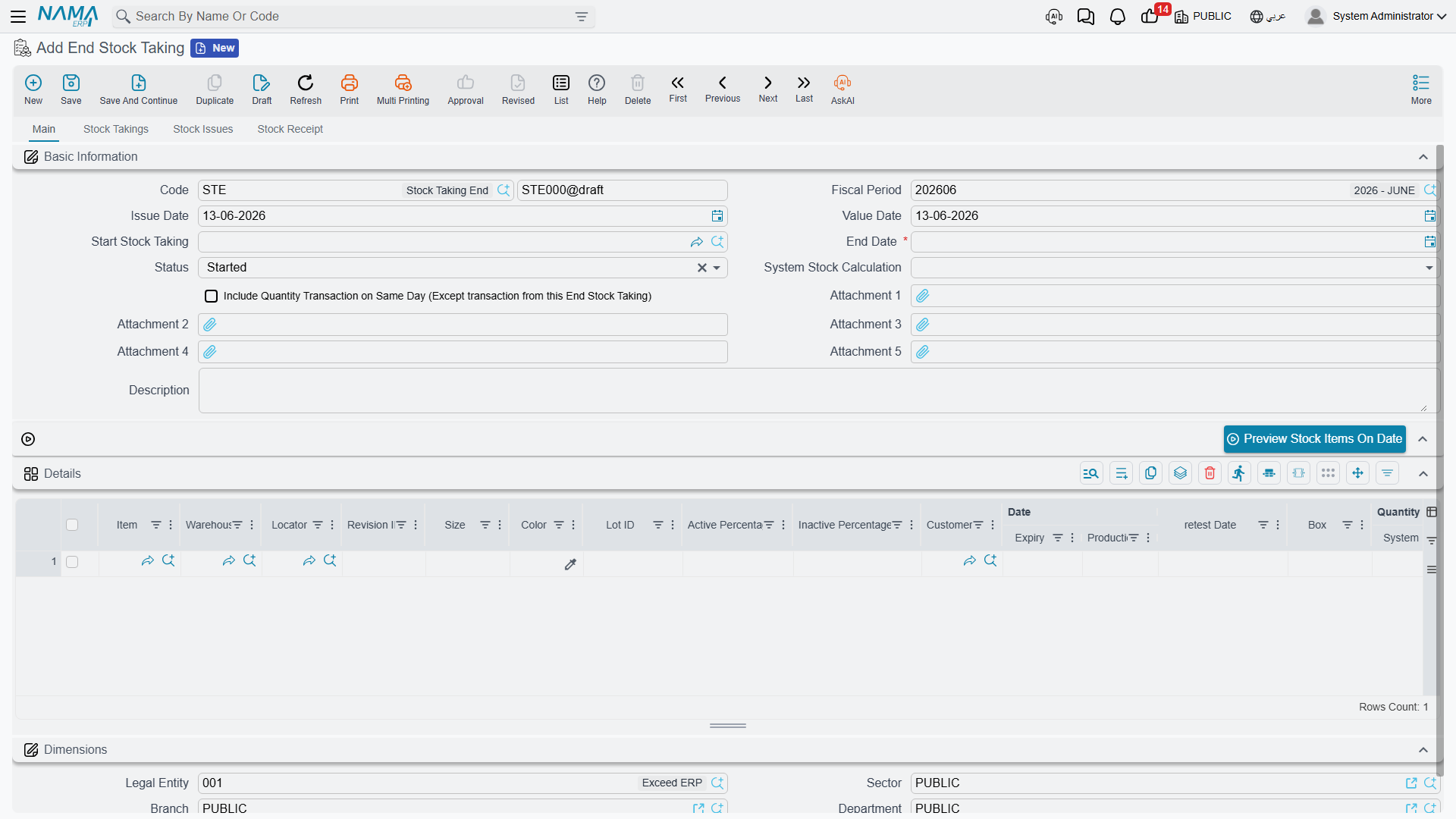 End stock taking screen in NaMa ERP