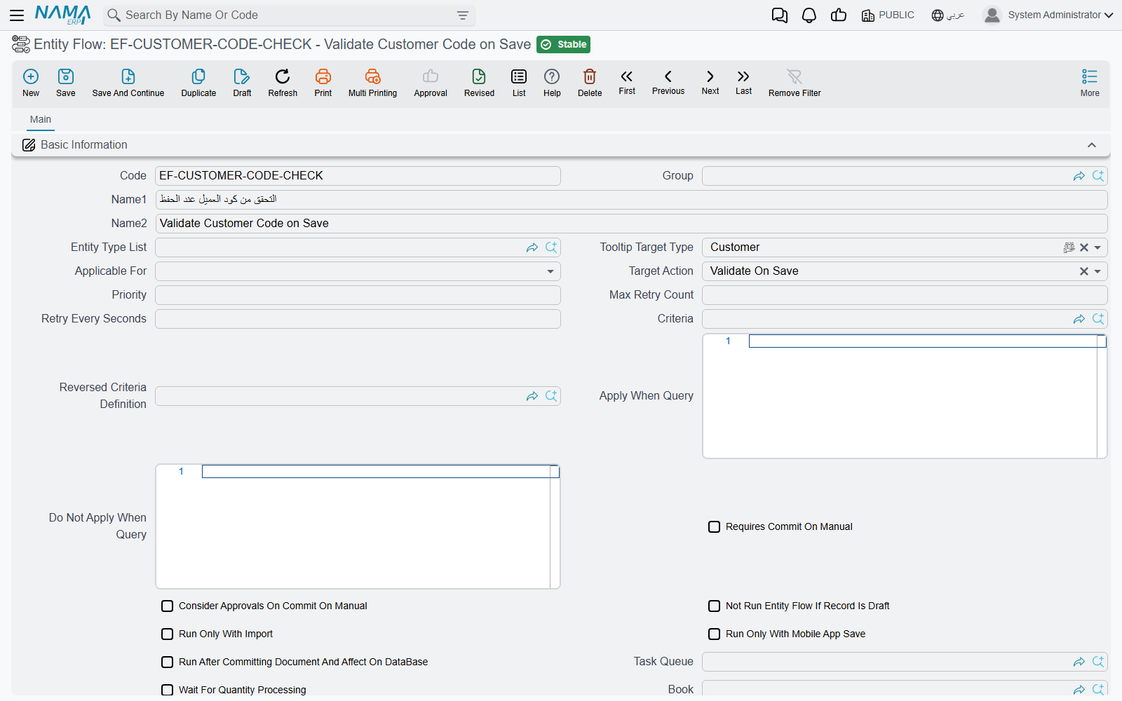 The header of an Entity Flow, with Inactive, Run Only With Import, the two queries and Do Not Run While Replicating
