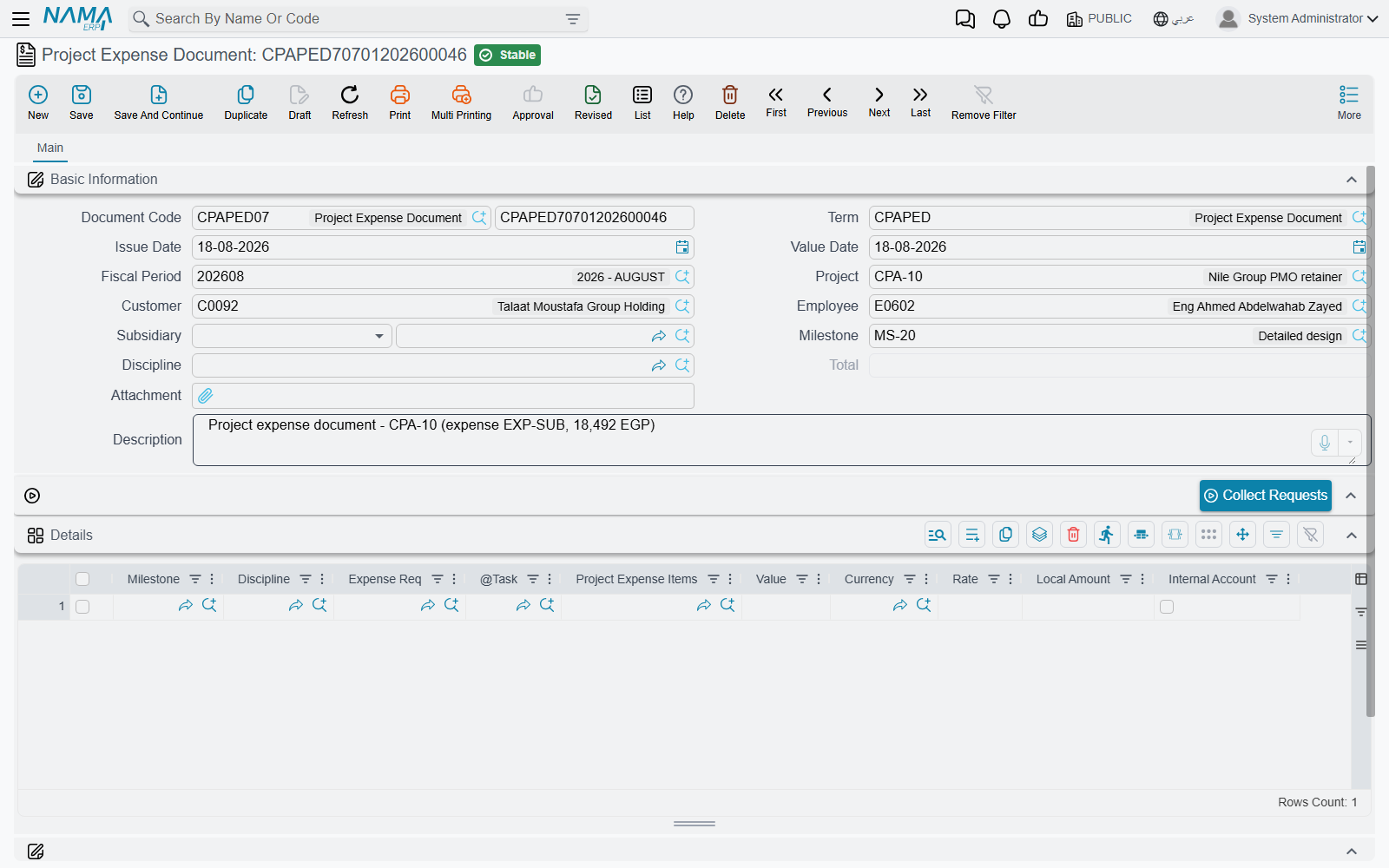The Project Expense Document screen, with the Collect Requests button above the details grid