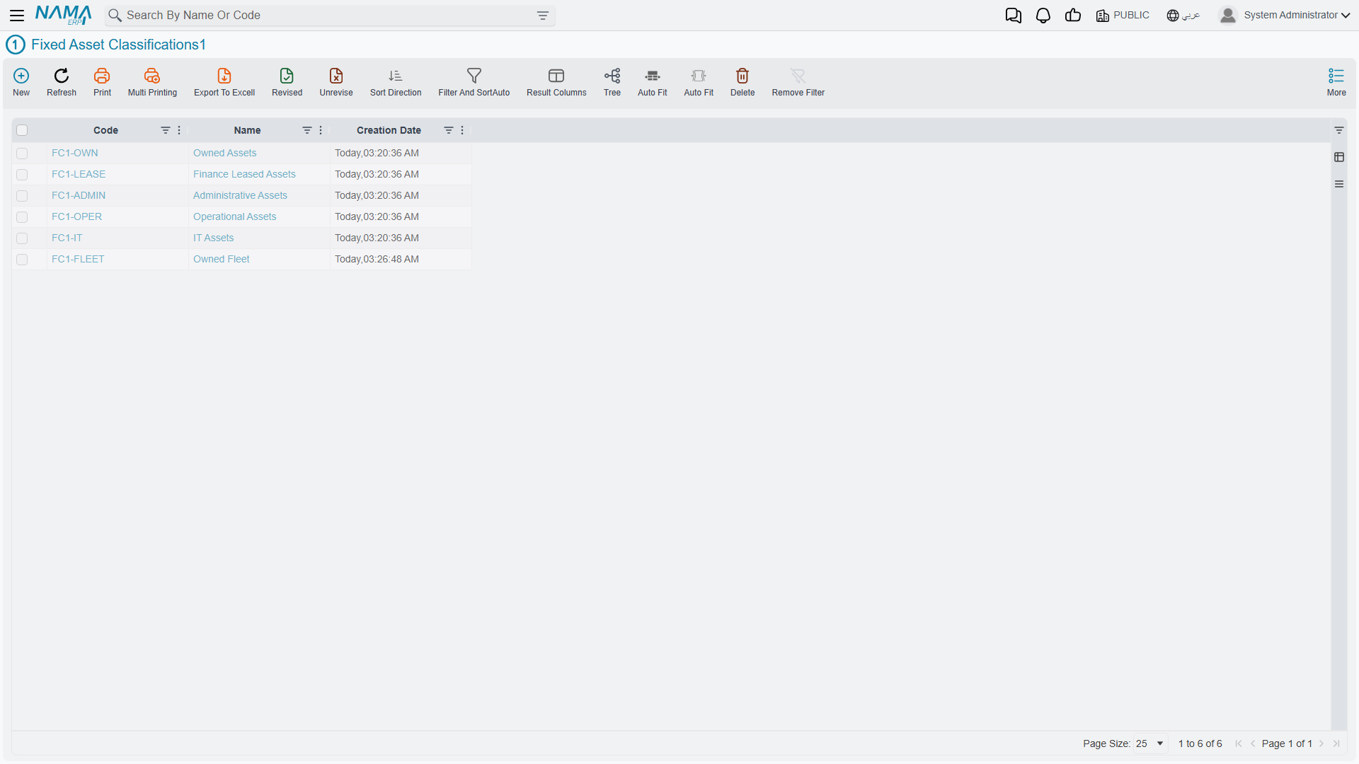 The classification list screen