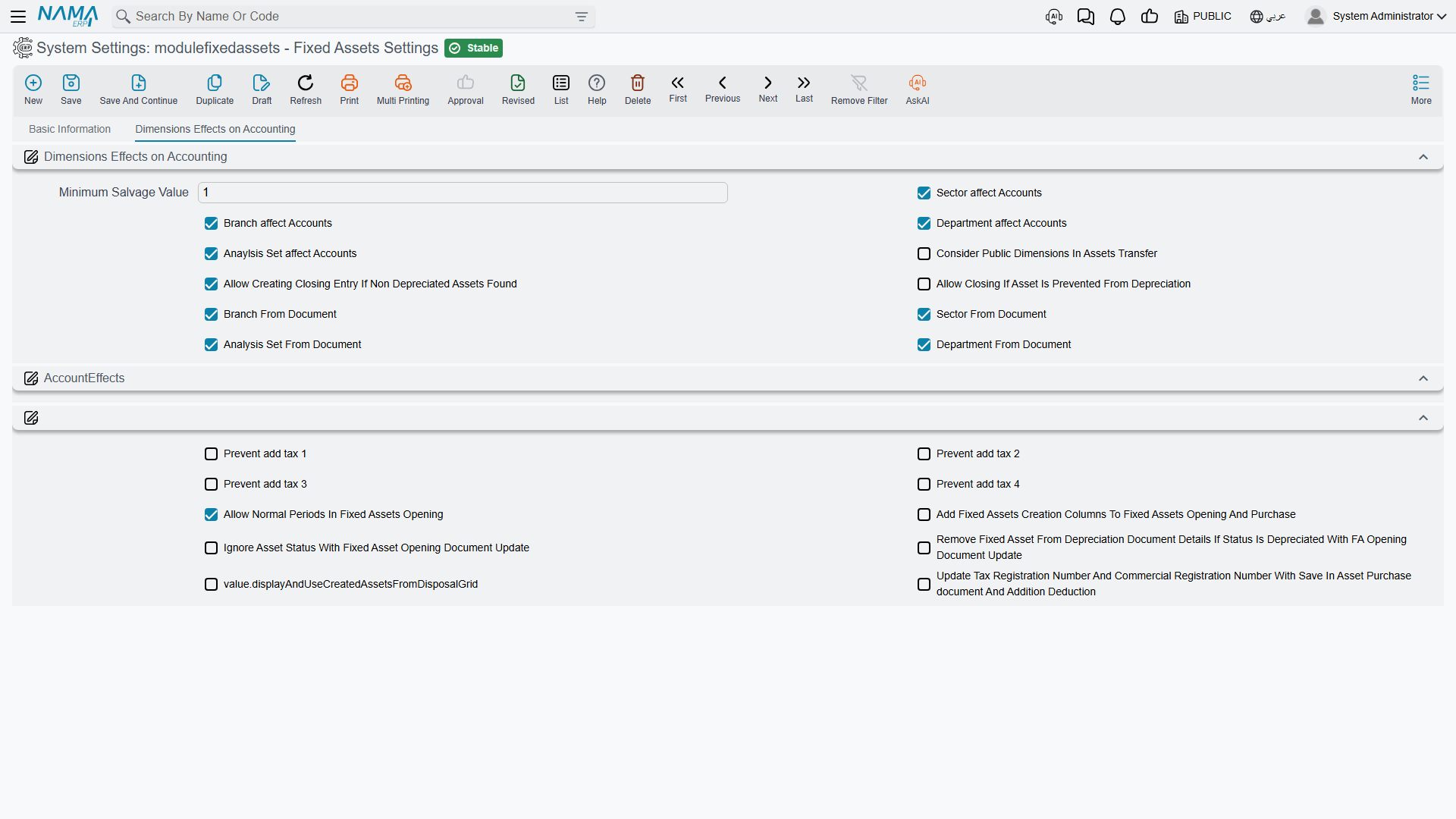 The Fixed Assets settings screen