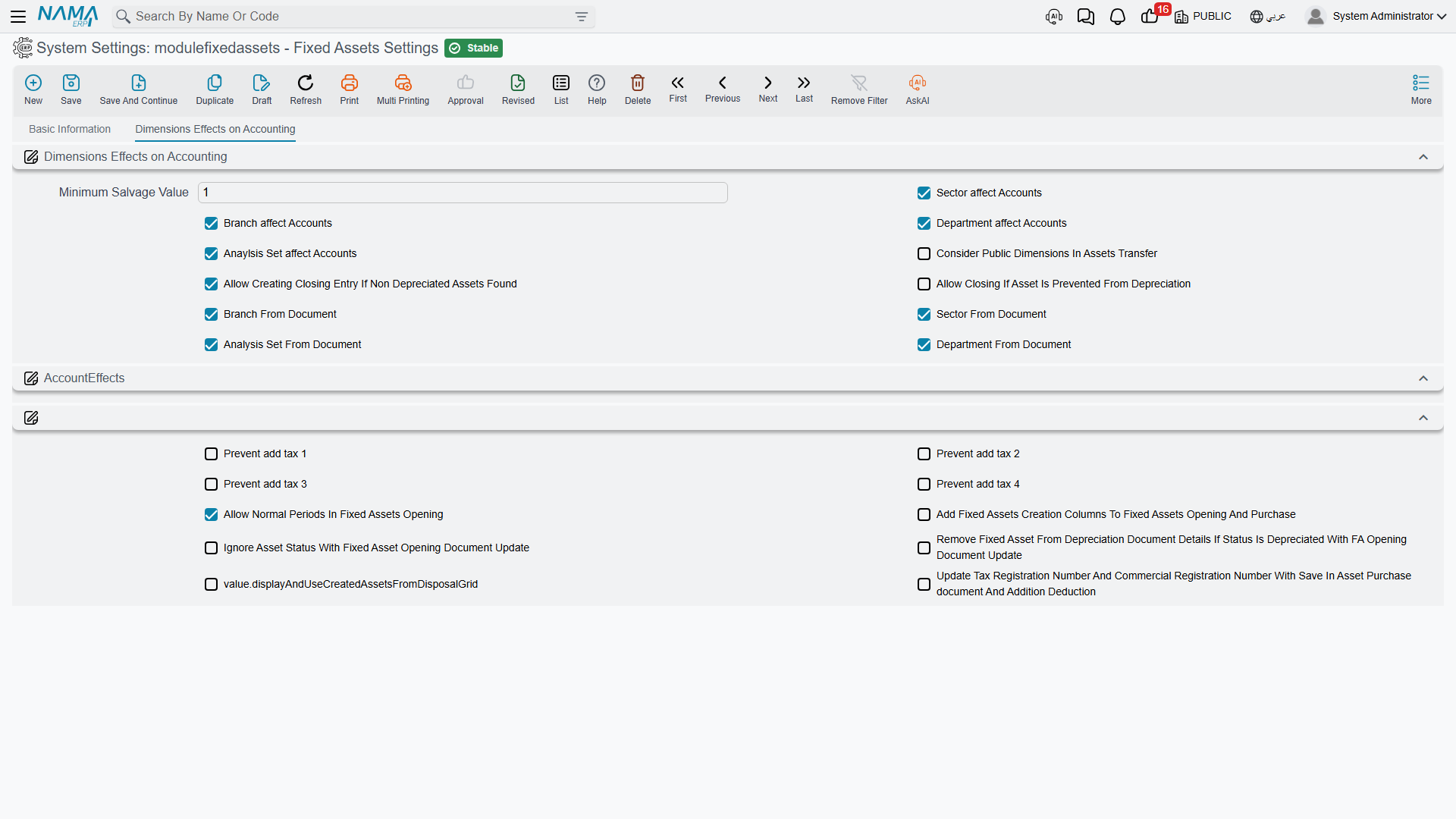 The tax options on the settings screen