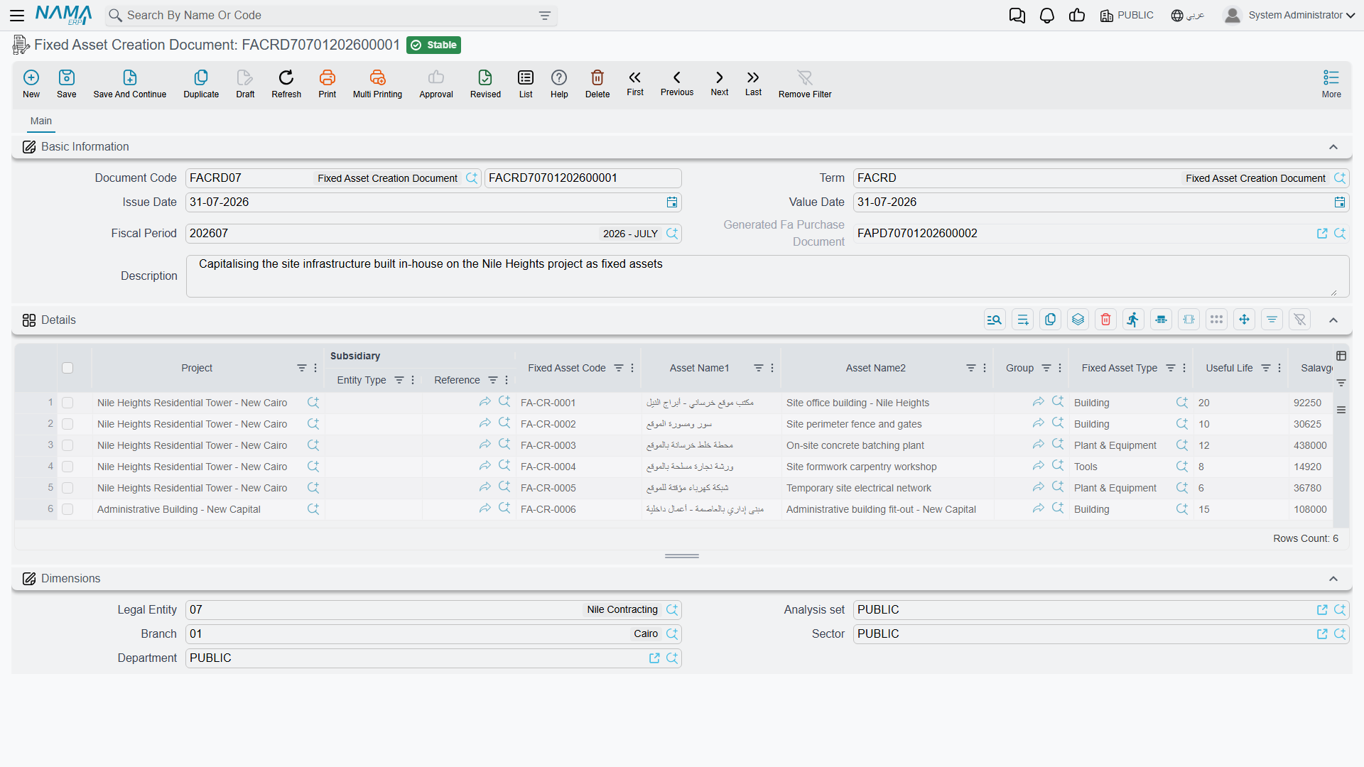 The Fixed Asset Creation Document: one line per project, with the asset's code, name, useful life and salvage value