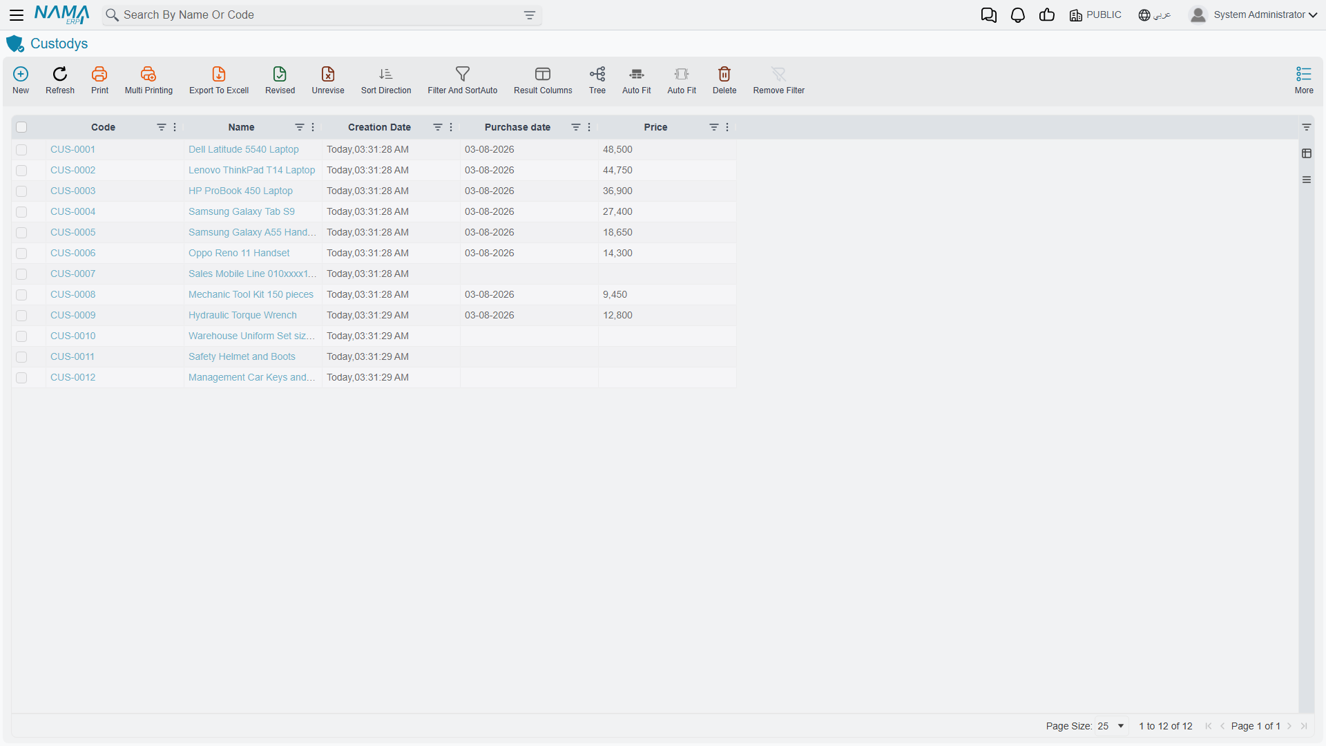 The custody register list screen