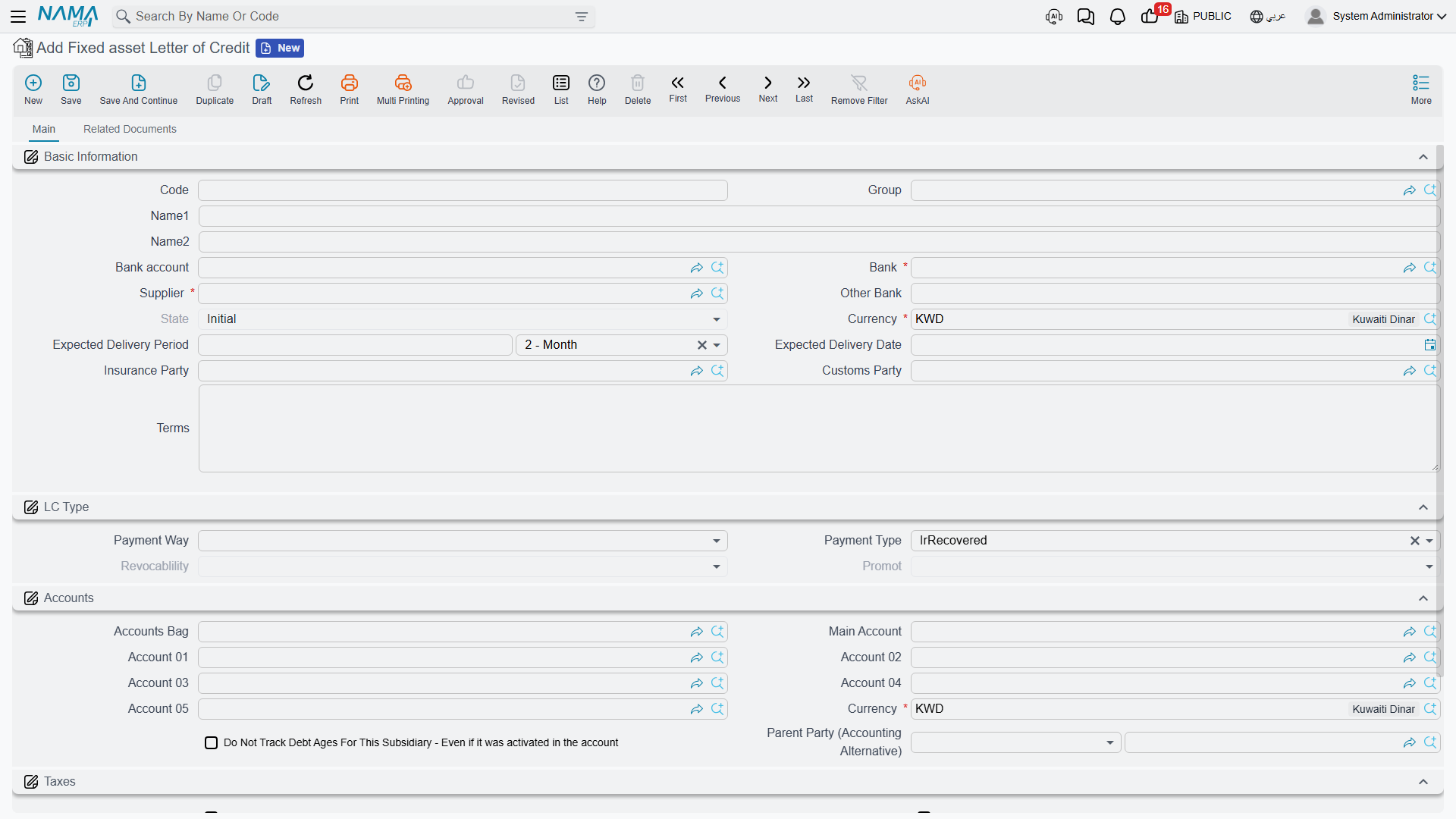 The Fixed asset Letter of Credit screen
