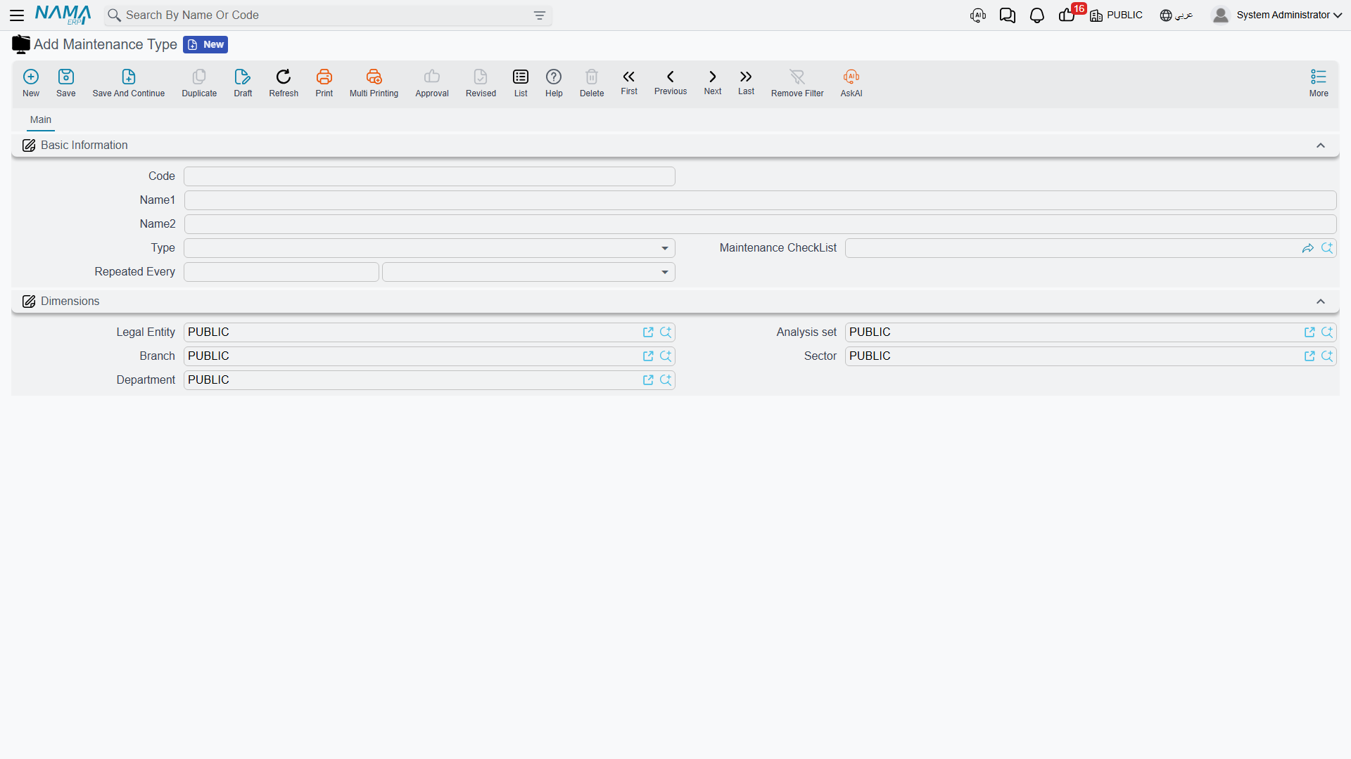 The Maintenance Type screen, with its nature, default checklist and repeat interval